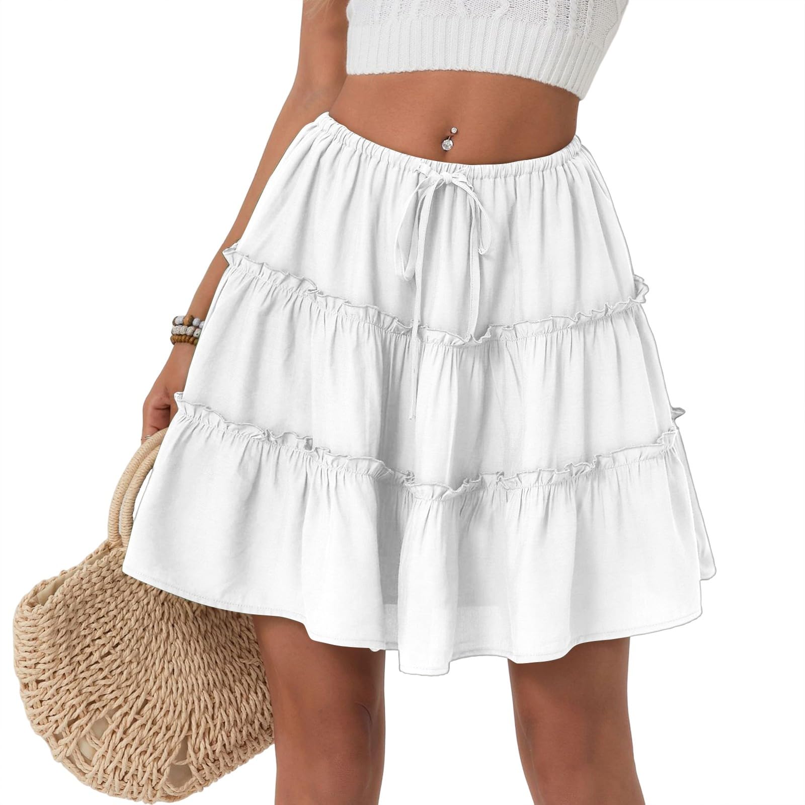 Mini Skirts for Women Linen Tiered Short Skirt Summer Ruffle Boho Flowy Skirt Casual High Waisted Lounge Beach