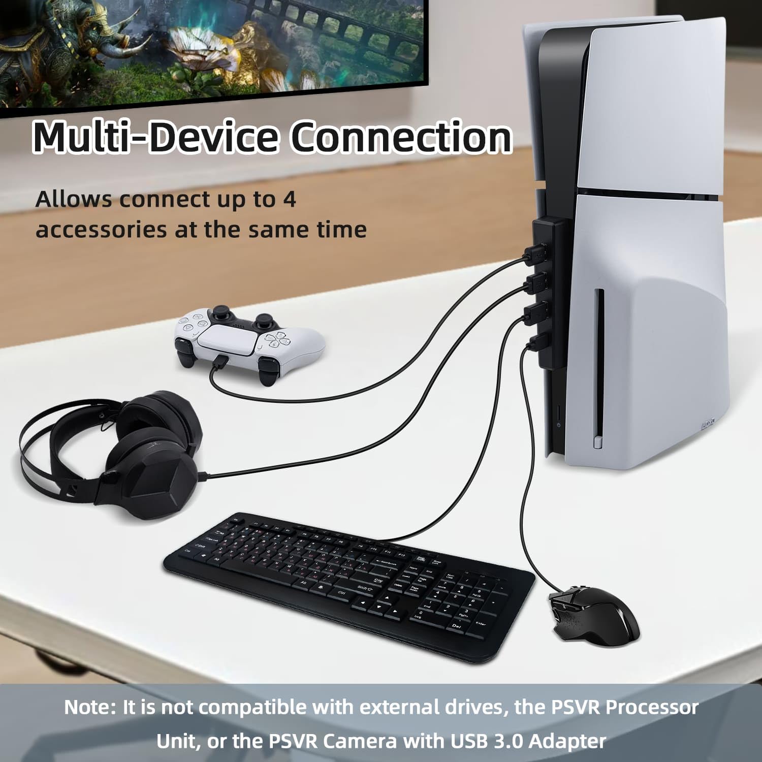 Mcbazel 4 porty PS5 Slim/ PS5 Pro USB, hub USB 2.0, szybka ładowarka, adapter rozdzielacza do PS5 Slim/PS5 Pro, nie pasuje do PS5
