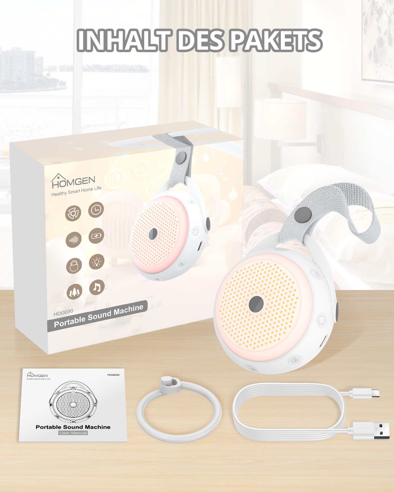 HOMGEN White Noise Machine Baby Einschlafhilfe für Babys & Erwachsene | Tragbare weißes Rauschen, 29 Beruhigende Klänge, 3 Timer-Einstellungen, Langlebige Leistung, Befestigung am Kinderwagen Bett