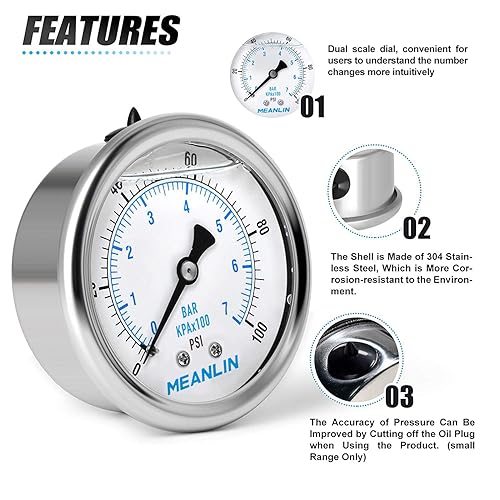 Miniatura 5 de MEANLIN MEASURE - Manómetro de acero inoxidable, relleno de líquido, esfera con cara de 2.5 pulgadas, NPT de 14 de pulgada, agua, aceite y gas,