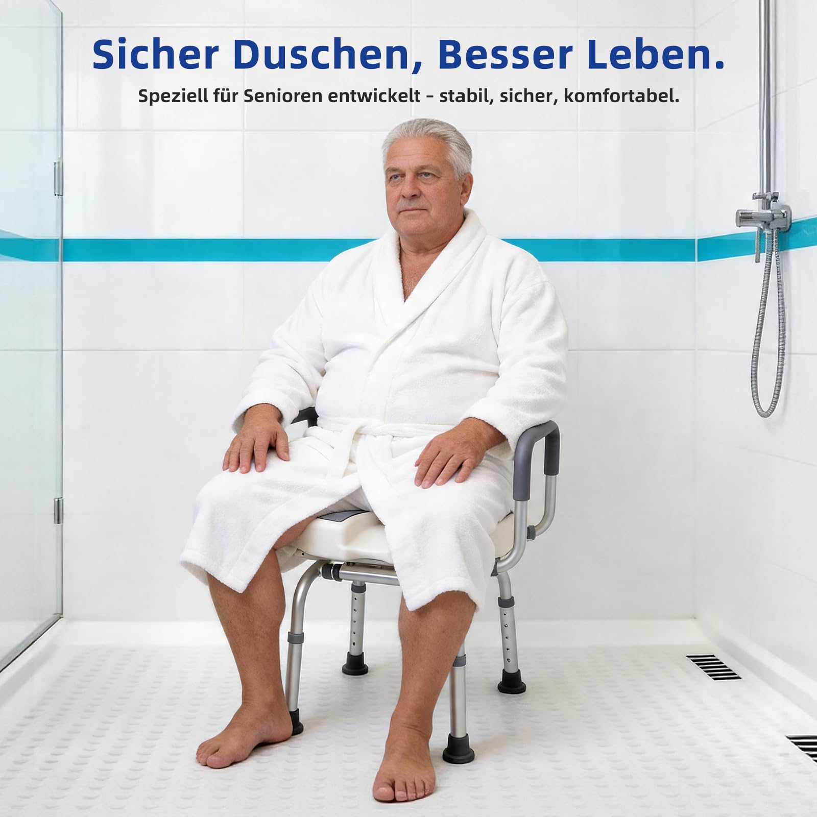 EasyVibe Duschstuhl 360° Drehbar für Senioren, 52cm Breiter Duschhocker mit 3D U-Ausschnitt, 1,25mm Aluminiumrahmen, Gepolsterte Armlehnen, Belastbar bis 150kg