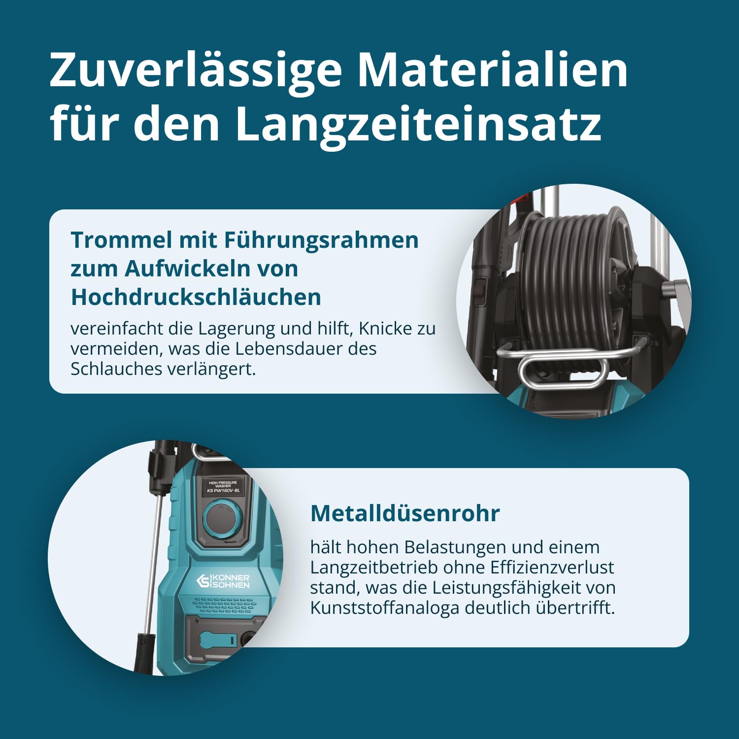 Könner & Söhnen KS PW160V-BL Hochdruckreiniger 2000 W, 160 bar, mit bürstenlosem Induktionsmotor, Teleskopgriff, Metalllanze und 8-m-verstärktem Hochdruckschlauch, mobiler Flächenreiniger 390 l/h