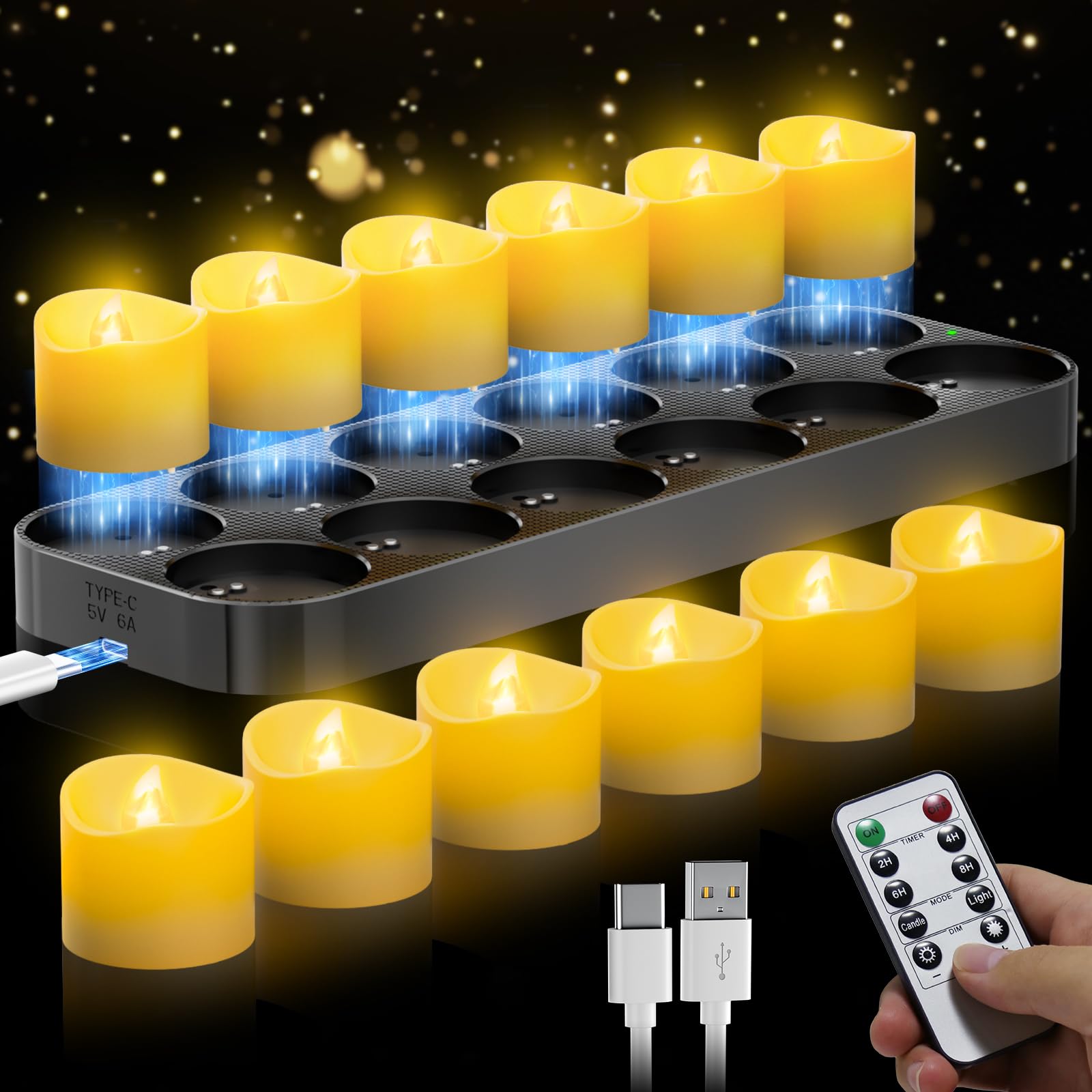 daphomeu 12 lumini a LED ricaricabili con telecomando e funzione timer, stazione di ricarica magnetica, funzionamento 100 H+, candele elettriche tremolanti per decorazioni natalizie e decorazioni da