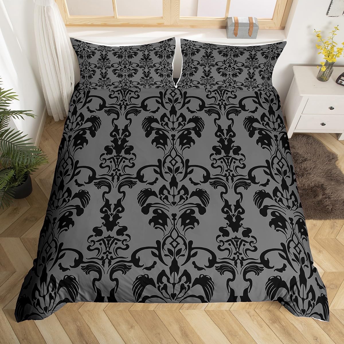 richhome Kids Damask Floral Bedding Set Single Size Exotic Floral Duvet Cover For Boys Girls Teens Bedroom Decor Vintage Jacquard Comforter Cover Deep Grey Black Soft Microfiber 2Pcs