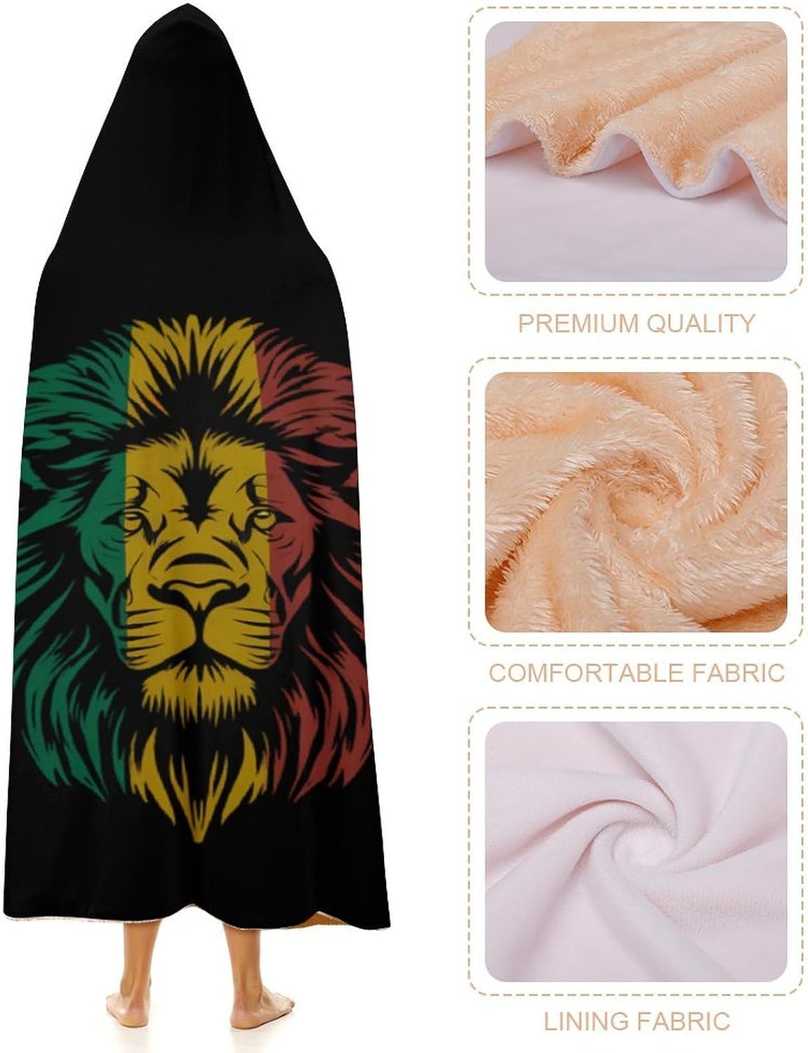 Lion Reggae Jamaica Wearable Blanket Oversized Throw Cape | Cozy Hooded Blanket Gifts for Women Men