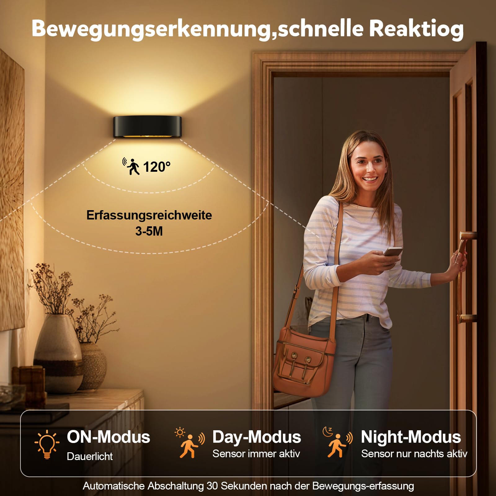 SNADER Akku Wandleuchte Innen/Aussen mit Bewegungsmelder & Fernbedienung 3 Farbtemperatur Wandlicht und 15 Farboptionen, Kabellose Wandlampe Innen Batterie mit Schalter, Aufladbare Wandlampe Dimmbar