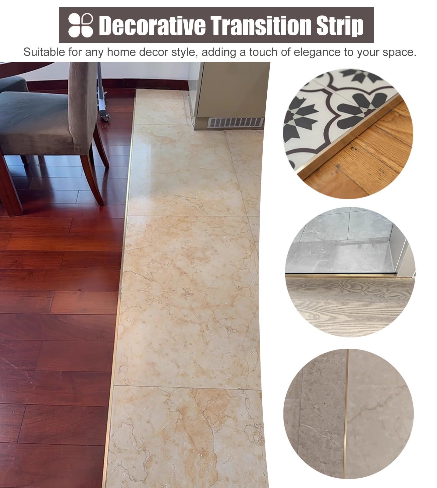 Perfil de transición para una conexión Suelos, Cubre Huecos Entre Azulejos y Madera, y Sirve como remate para Puertas y Habitaciones.