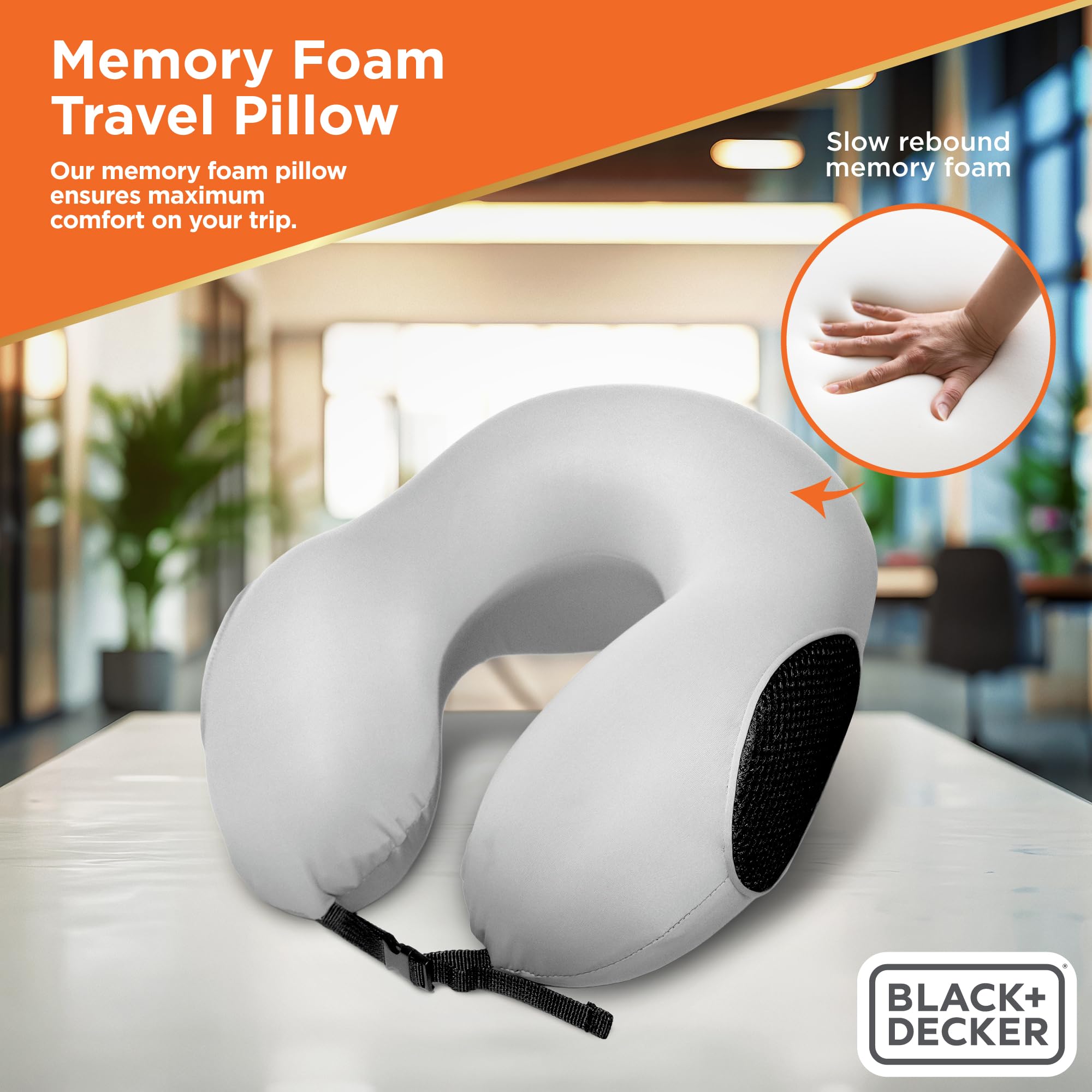 BLACK+DECKER Reise-Nackenkissen aus Memory-Schaum, Reisekissen für Flugzeug, Auto und Zug, Kühlstoff, Eisseide, ergonomisches Design, Nackenstütze, waschbarer Bezug, Grau