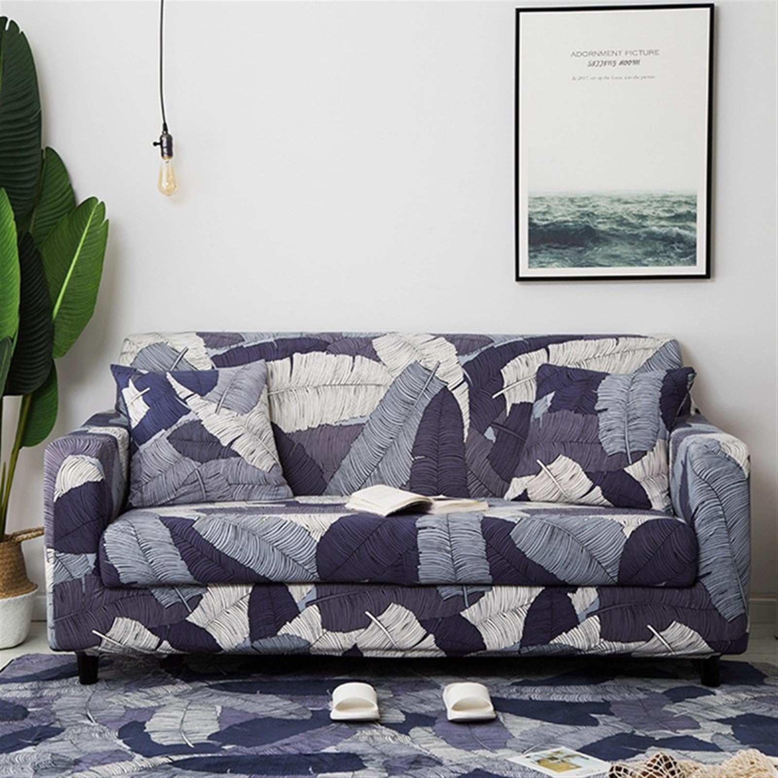 Nordic Style Couch Cover Furniture Protection Soft Full Coverage, Polyester Fabric Stretch Breathable Sofa Covers Washable to 1/2/3/4 Seat Sofas(Cushion cover*2,Leaf A)