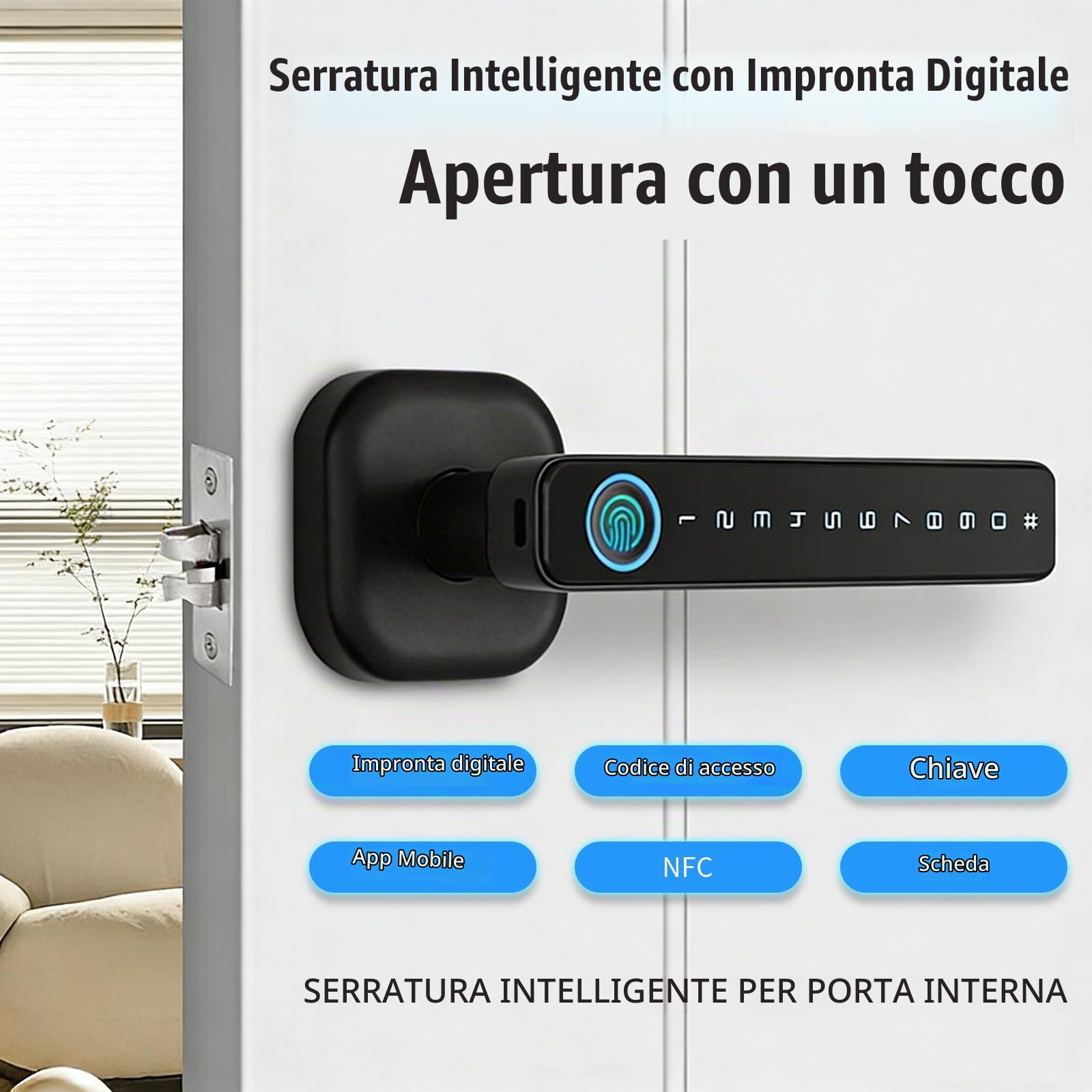 Serratura Intelligente per Porta, 5 in 1 Serratura Elettronica con Impronte Digitali, Telecomando App, Scheda IC, Codice Chiave, Chiave, Serratura Intelligente per Casa