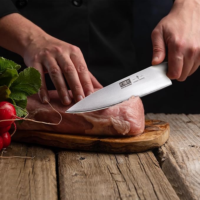 Introducing the HOSHANHO High-End Japanese Steel Chef's Knife, a masterpiece of culinary craftsmanship designed for both professional chefs and home cooking enthusiasts. Meticulously forged from premium Japanese steel 10Cr15CoMoV, this knife doubles the sharpness and durability compared to many other so-called "premium" knives on the market, ensuring exceptional performance at a very competitive price. With a remarkable hardness of up to 60 HRC, this kitchen essential offers unparalleled rust resistance, making it a long-lasting addition to your culinary toolkit.