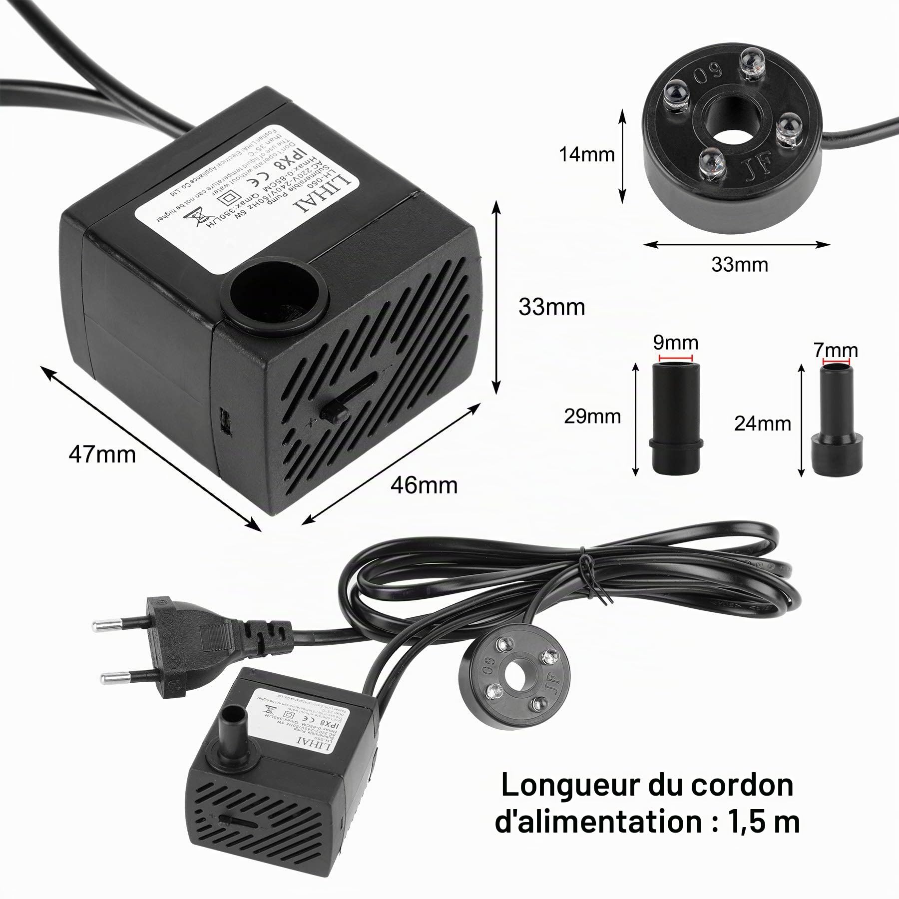 Forever Speed Mini pompe à eau d'aquarium 5 W - Pompe submersible pour aquarium - Avec 4 LED colorées - Mini， arts en pierre - Hauteur de refoulement maximale : 0,85 m, 350 l/h