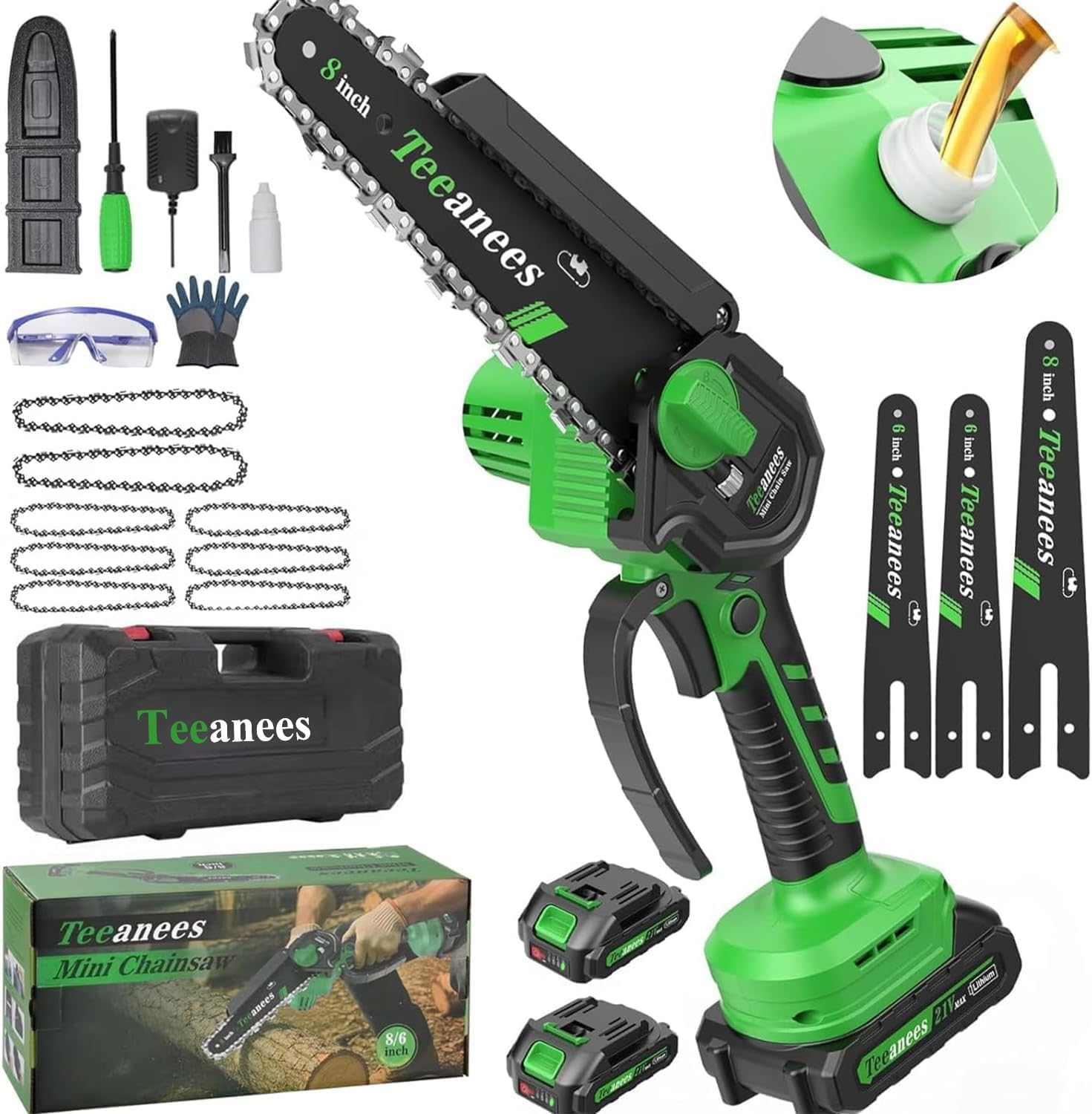 TEEANEES Mini Chainsaw Cordless with 2 Batteries & 8 Chains