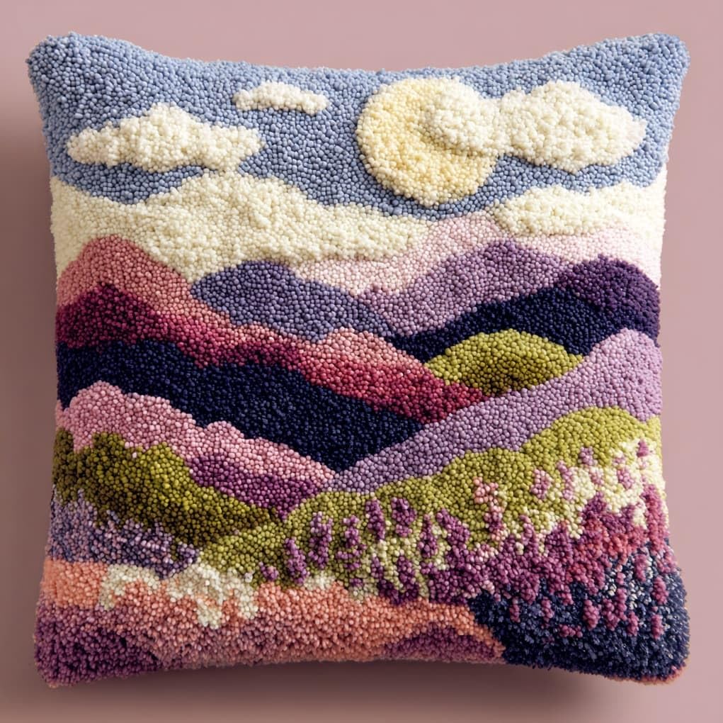 Henypt Latch Hook Kits for Beginners & Adults,Mountain Lavender Flowers 43x43cm DIY Pillow Cover Craft,Easy Crochet Needlework Kit with Full Accessories