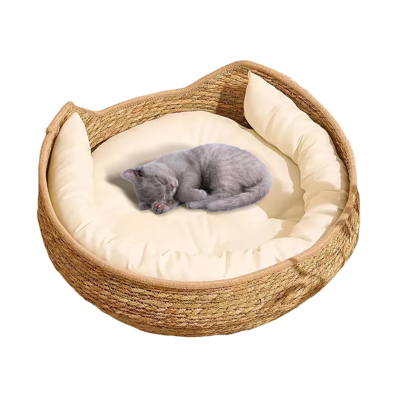 Cat Bed - Cat Woven Nest Bed with Soft Cushion and Pillow, All Season Weaving Pet Sleeping Resting Scratching Furniture, for Living Room, Bedroom