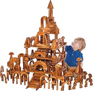 penepico Large Vintage Solid Carbonized Wooden Building Blocks Set for Kids 3-12 Outdoor(57pcs,10.7 lbs), Big Sensory Wood Building Toys for Toddlers, Outside Wooden Blocks for Preschool