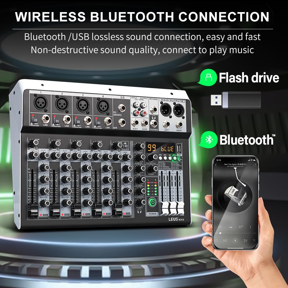 Mikser DJ-ski, MX6 Kanał 99 DSP Mikser efektów Nagrywanie PC 48V Phantom Power USB Miksery dźwięku Bluetooth DJ Konsola Miksowanie