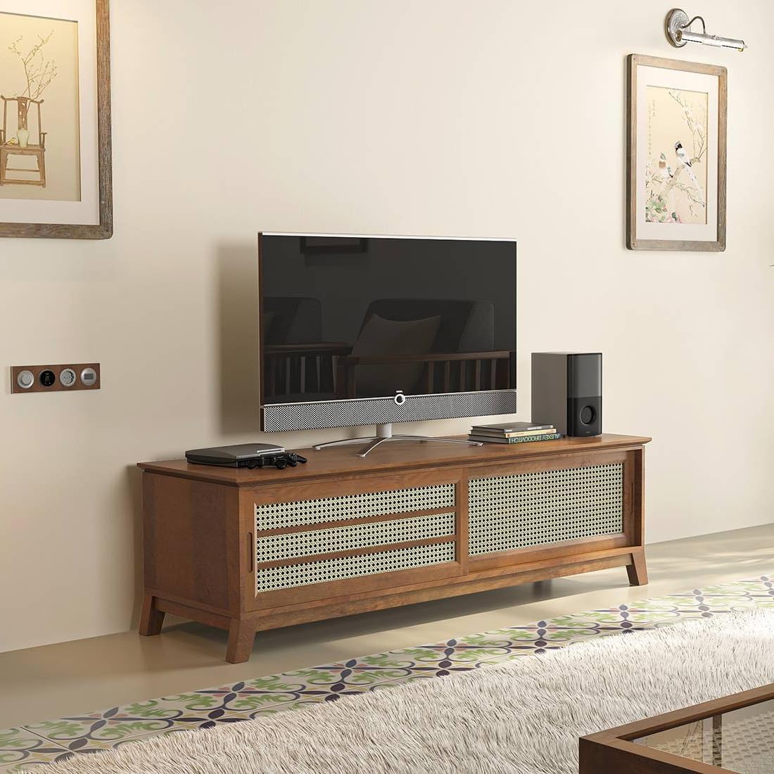 Levon Artisan Boho Solid Mango Wood TV Stand with Woven Cane Storage Living Room Media Cabinet-image-19