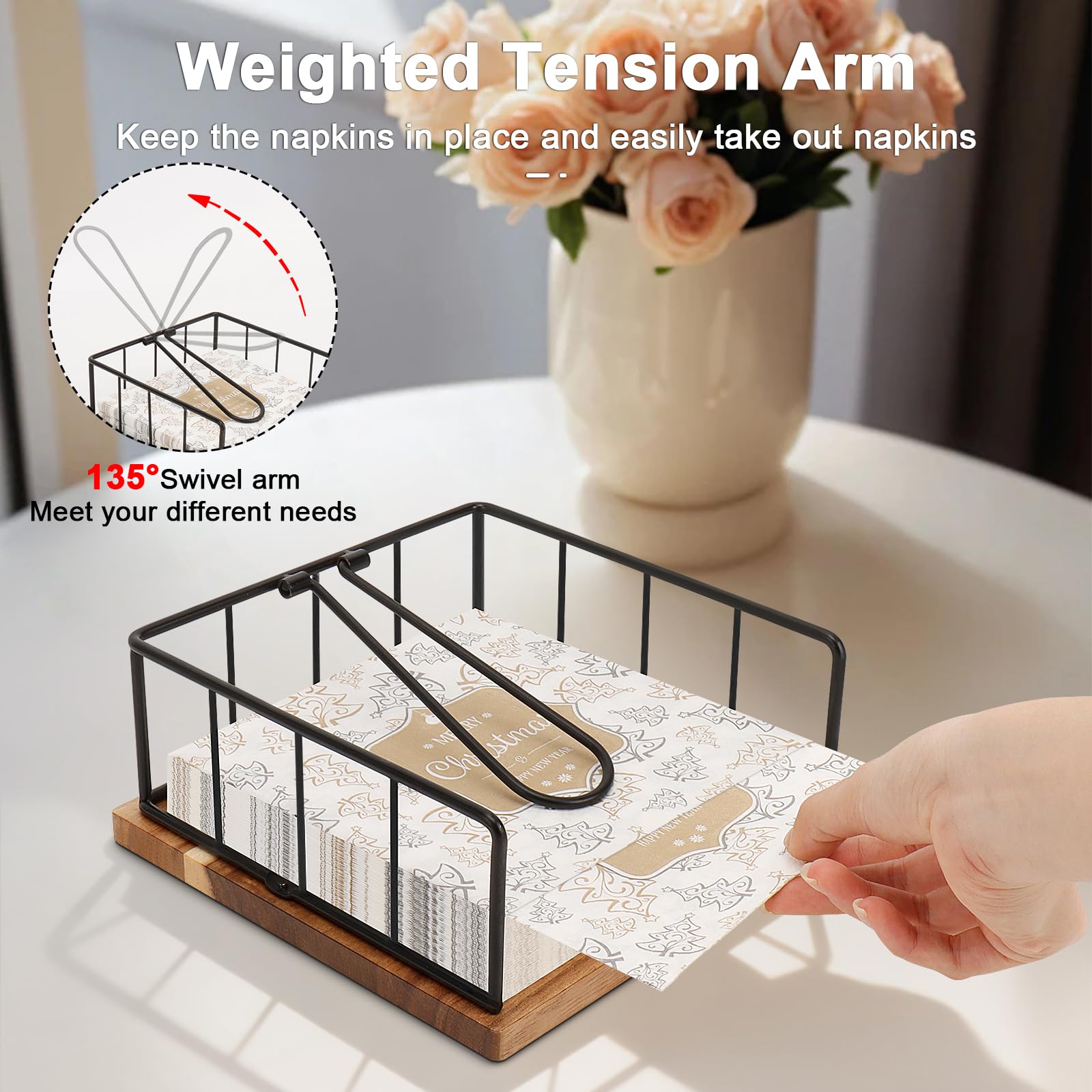 Livabber Servilletero plano, almacenamiento de servilletas de cocina de metal con brazo de tensión ponderado, dispensador de papel de seda rústico para encimera, mesa de cocina, comedor (con base de