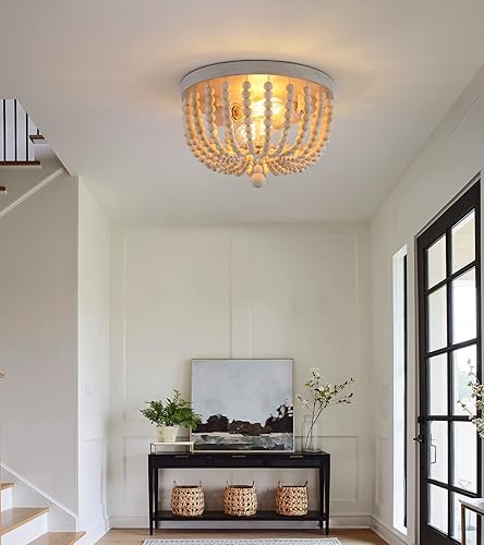 Miniatura 7 de Q&S Boho Chandelier Wood Beaded Flush Mount Ceiling Light Fixtures for Nursery Baby Bedroom Kitchen Hallway,Oak White Finish,2-Lights