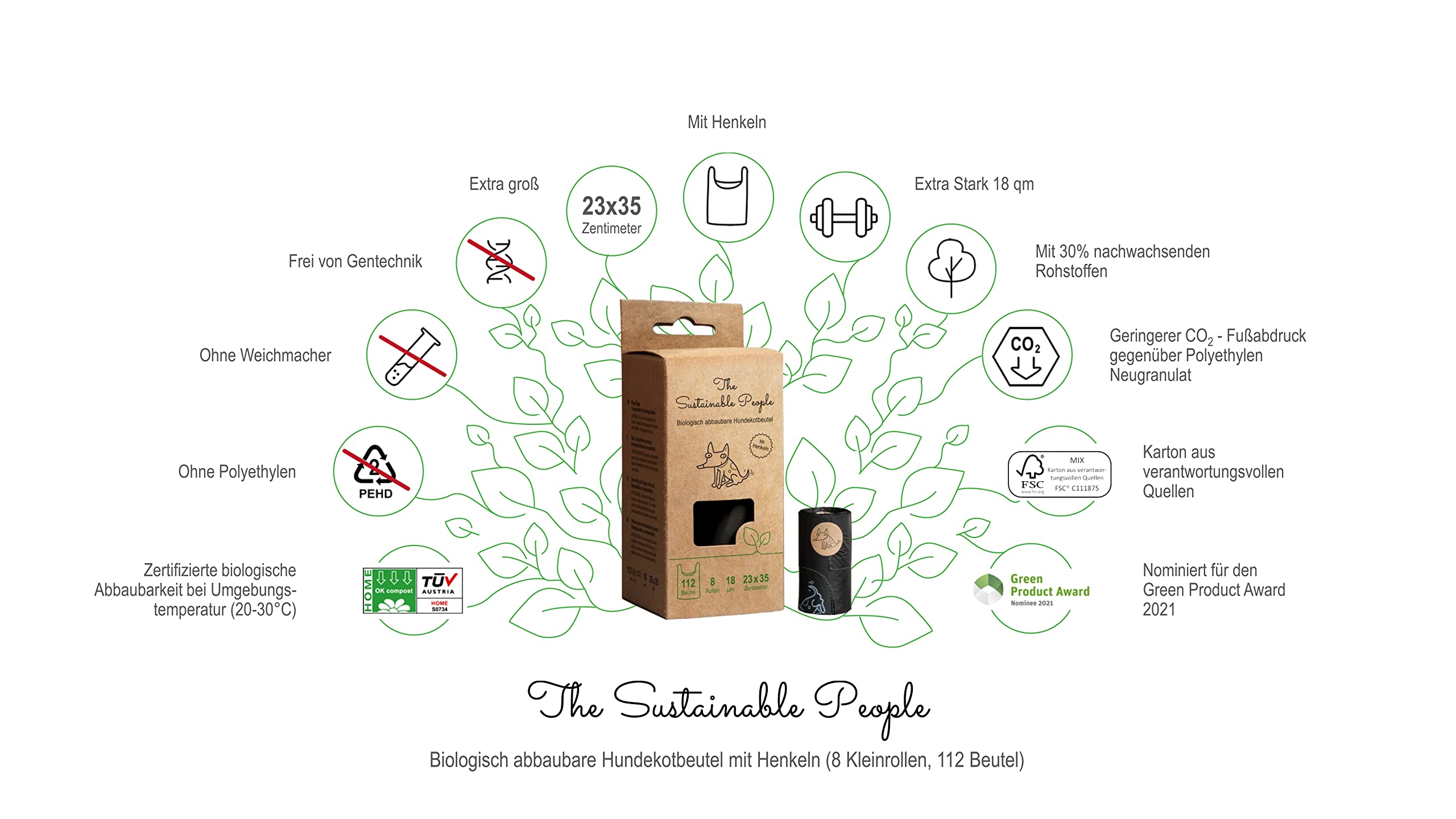 TSP Biodegradowalne worki na odchody dla psów z uchwytami – certyfikat OK compost HOME – 100% kompostowalne w domu i biodegradowalne – duże i bardzo grube (18 µm), (8 rolek (112 worków))