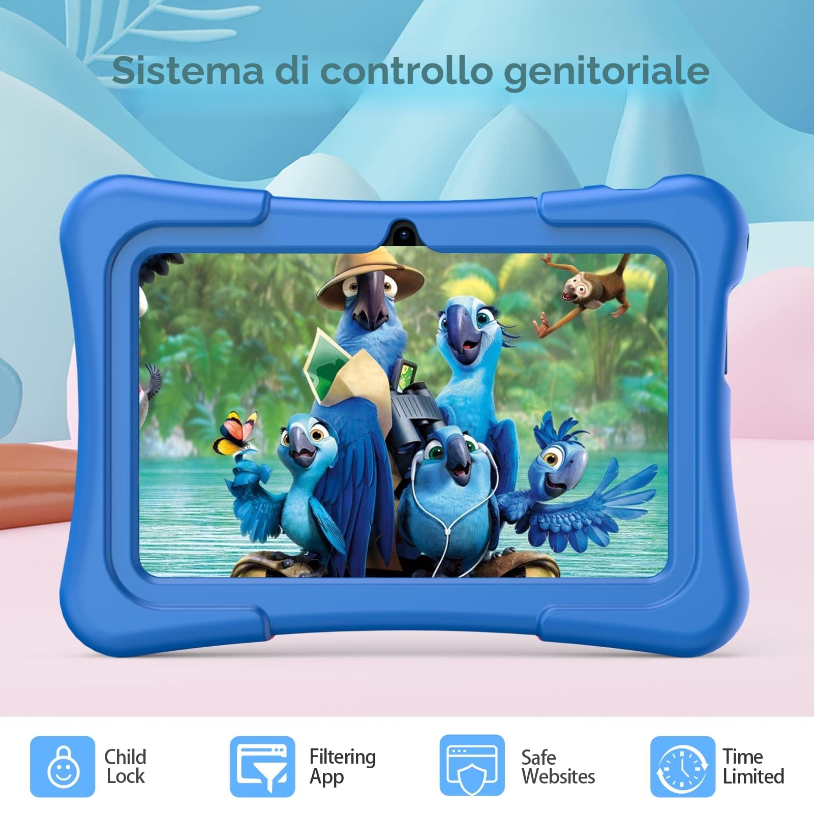 PRITOM Tablet per bambini 7 pollici Android 11, 2 GB RAM 32 GB ROM BT WiFi Doppia fotocamera Giochi educativi Controllo genitori Software con custodia per tablet di tipo C blu