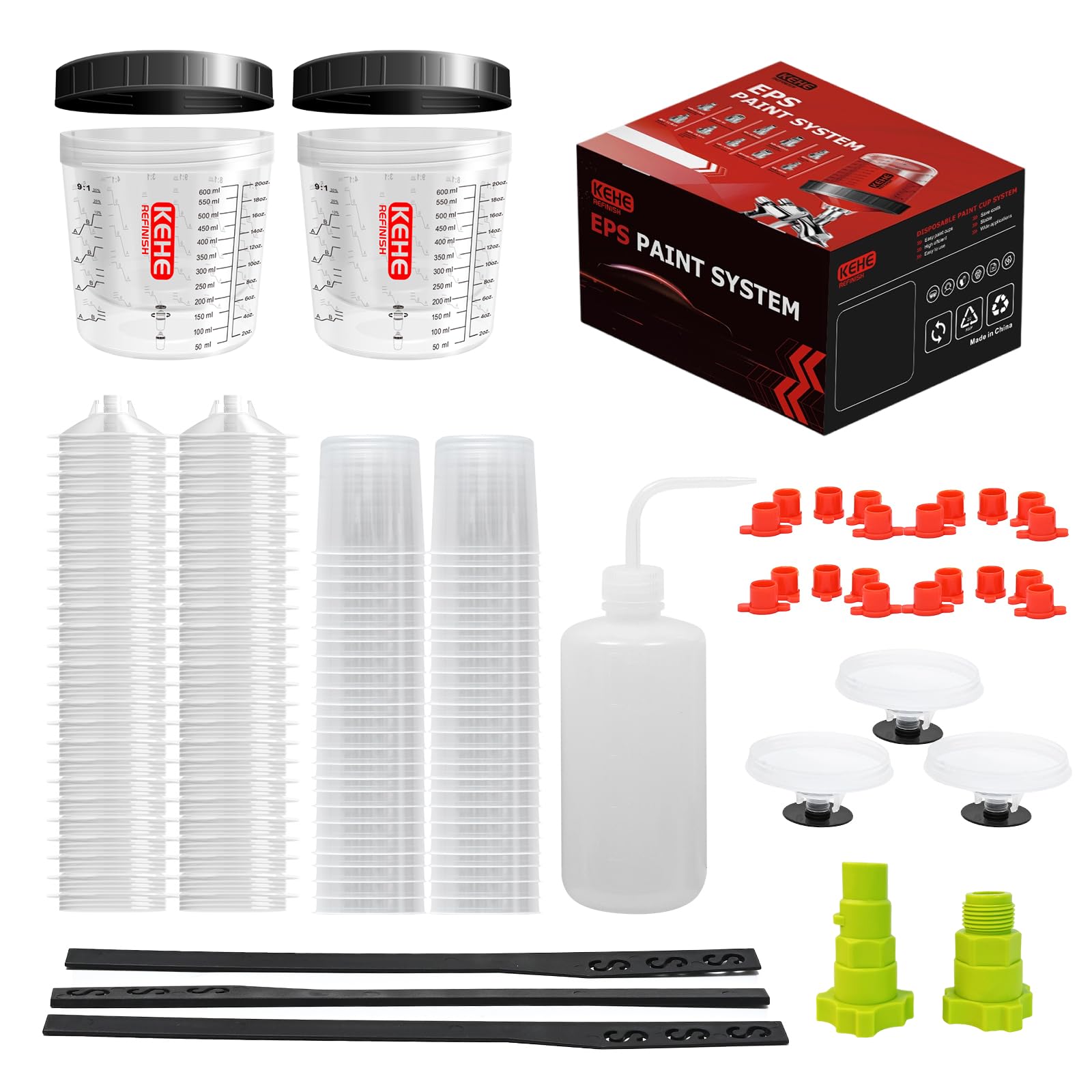 Disposable Paint Cups for Spray Gun 200 Micron,20 Ounce (600ml) Kit with 50 Cups and Lids with Strainer System for HVLP&amp;LVLP,2 Hard Cups with Retainer Ring,20 Plugs,3 Caps,2 Adapters,1 Wash Bottle