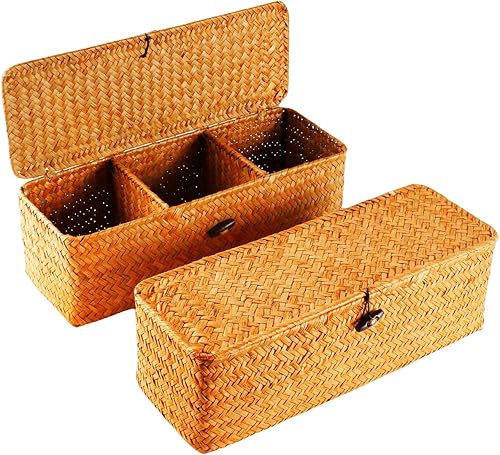 YUBONCE Cesta de hierba marina con tapa, pequeños contenedores rectangulares de mimbre tejido para organización de estantes, contenedor pequeño