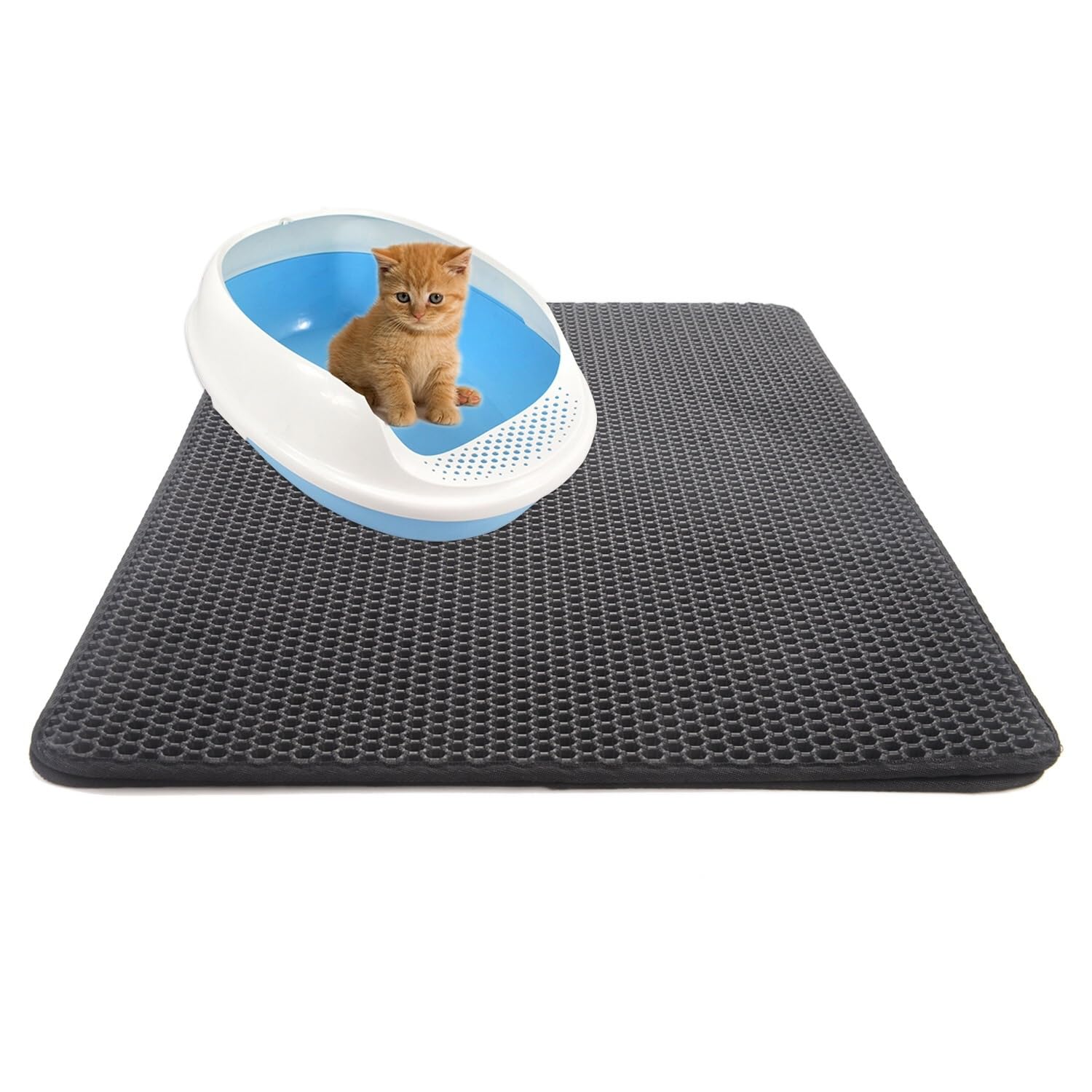 Xisnuient Cat Litter Mat Double, Litter Tray Mat, Velcro Detachable, Honeycomb Cat Litter Trapper, Waterproof NonSlip, Easy To Clean, Great for Kinds of Boxes and Litter (30x30cm,Black)