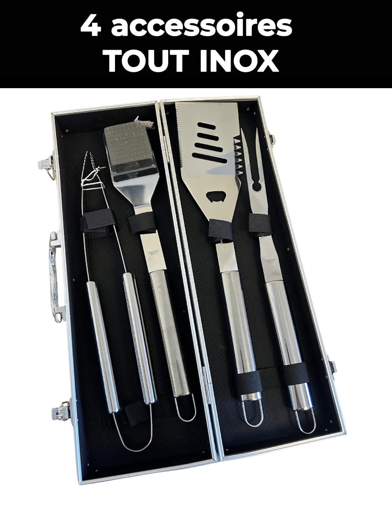 Little Balance 3081 Baroud'Fire, Kit Barbecue 4 utensili: Pinza, Forchetta, Spatola, Spazzola, per il giardino, in campeggio, escursionismo, vacanze. Set barbecue con valigetta portatile, tutto INOX
