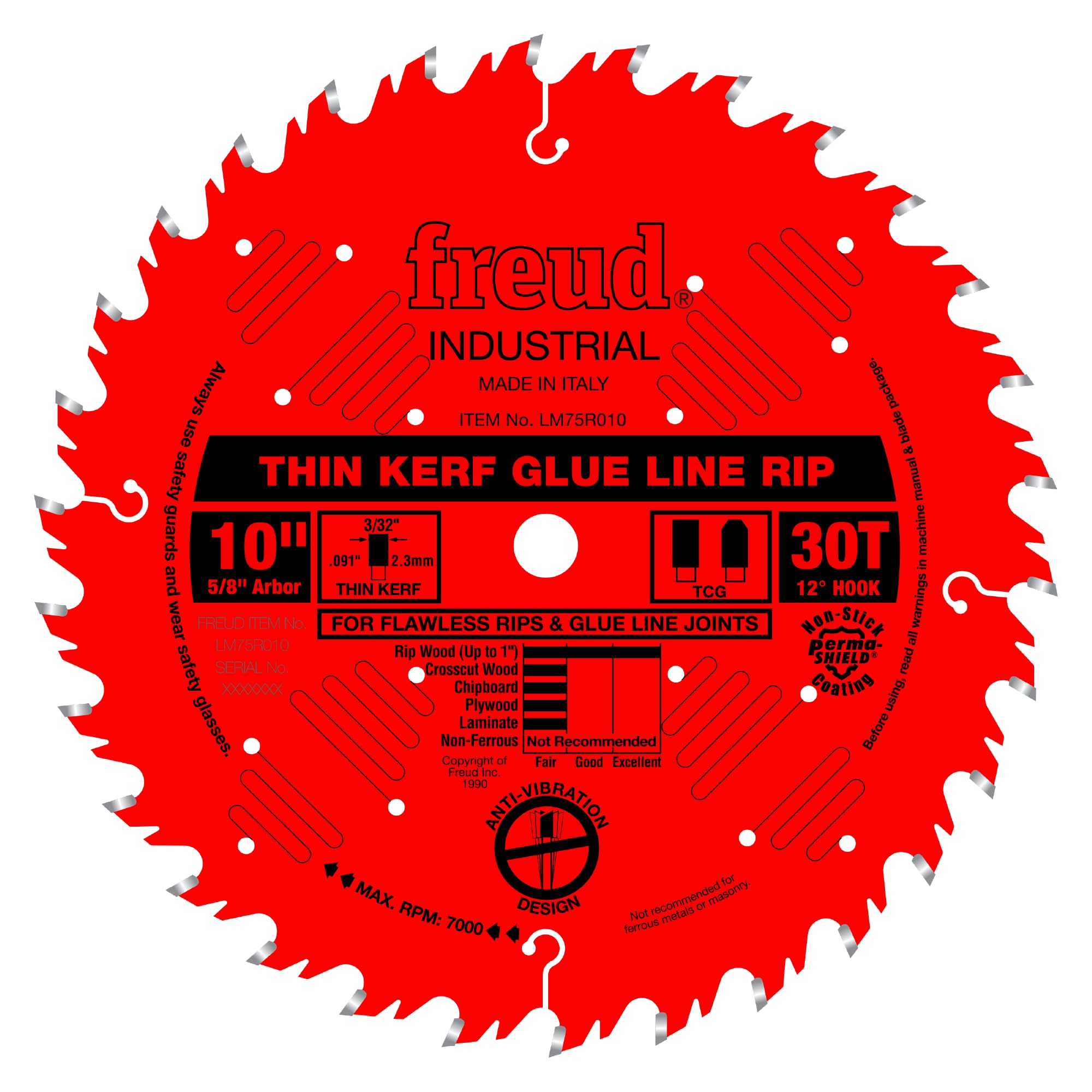 Freud Industrial Thin Kerf Glue Line Ripping Saw Blade with Premium Tico Hi-Density Carbide Ripping Blend for Maximum Performance - 10" Diameter, 30 Teeth - LM75R010