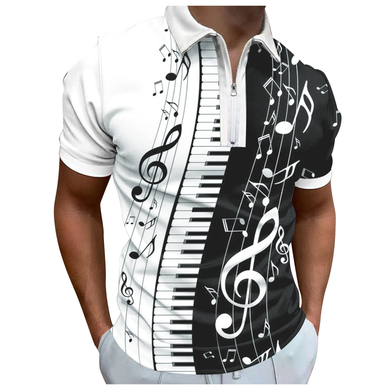 Mens Musical Note Print Polo Shirt Stylish Quick-Drying Breathable Mesh Slim Fit Quarter Zip Short Sleeve Lapel Tops