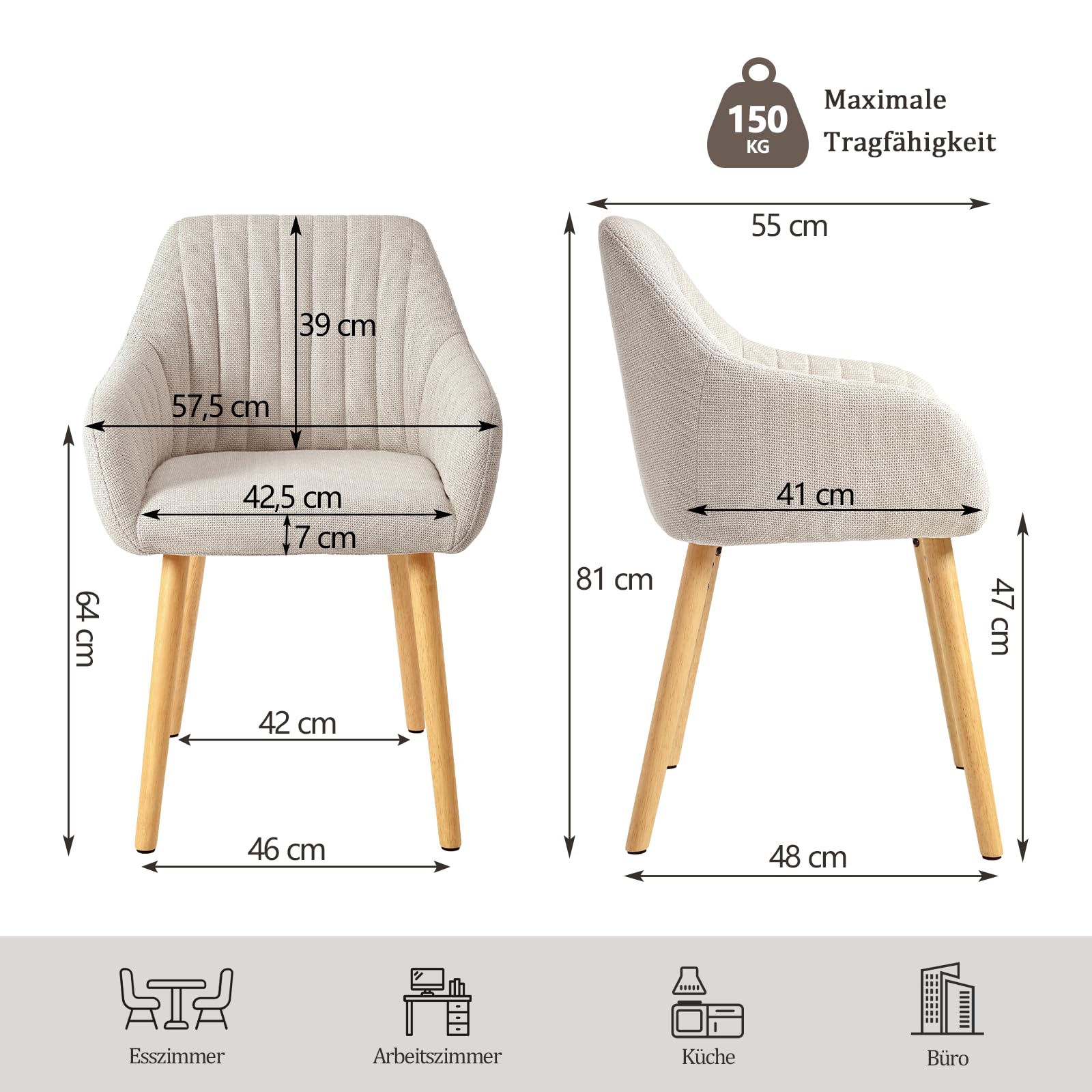 Lot de 4 Chaises Fauteuil Salle à Manger Chaises Beige avec Accoudoirs rembourrée en Polyester avec Pieds en Bois pour Salon Cuisine et Bureau