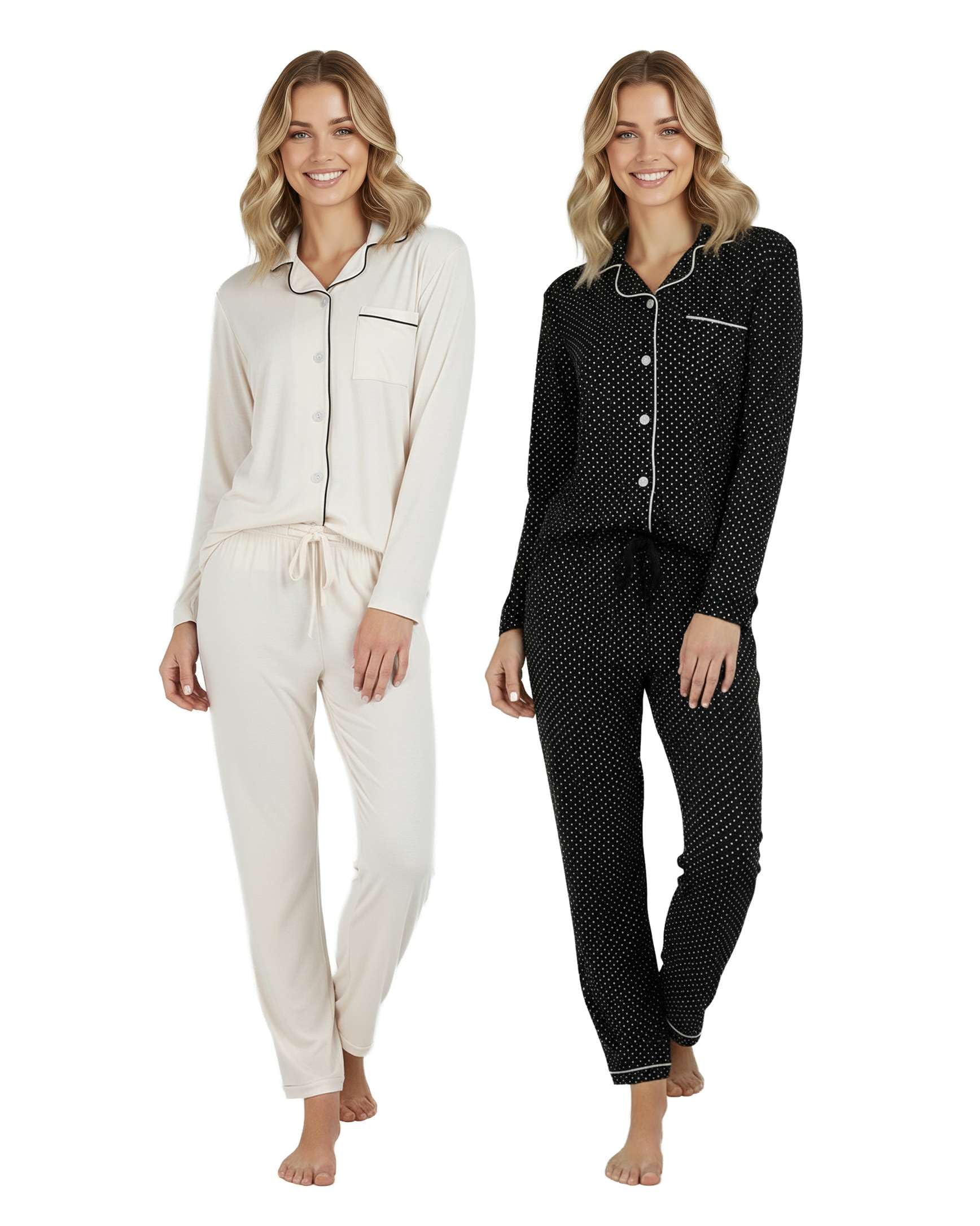 Real Essentials 2 Pack: Women's Pajamas Set Button Down Pants Soft Matching Sleepwear (Available In Plus)