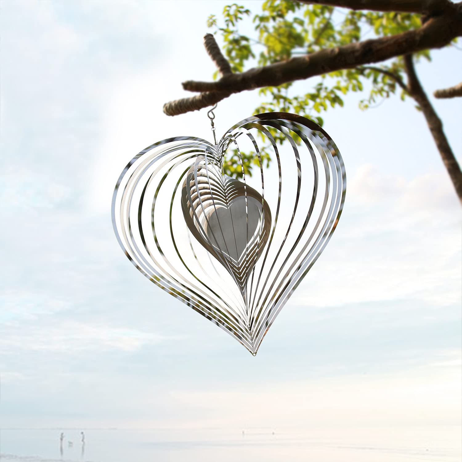 Wind Spinners, 3D Silver Steel Stainless Wind Hanging Spinner, Kinetic 360 Degree Spiral Wind Chimes, Wind Sculptures & Spinners, Metal Heart Spinner for Outdoors Yard Garden Dcor (L 11.8x11.8inch) - Image 3