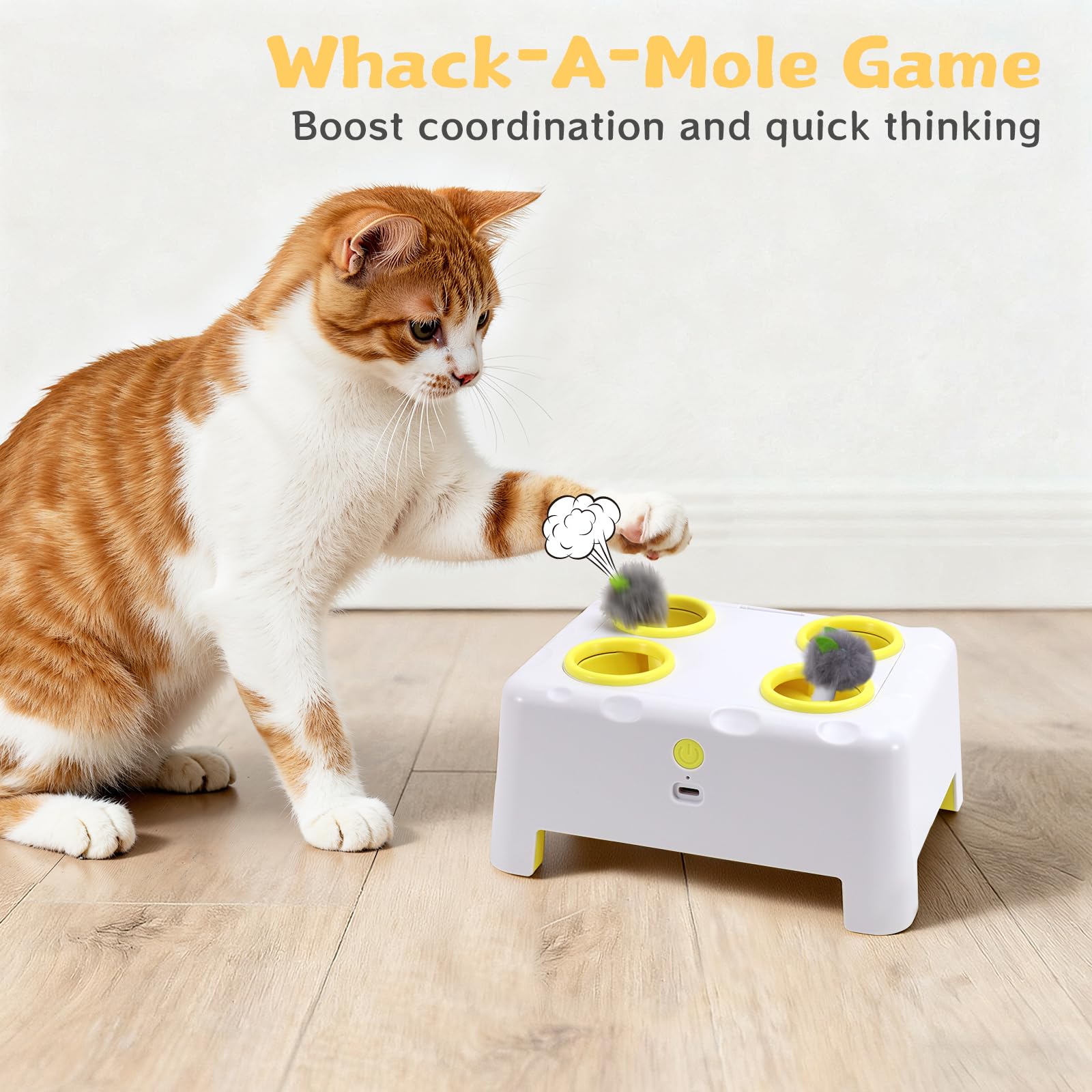 Giocattolo interattivo per gatti da interno, 3 modalità, con piume, ricaricabile, a 4 fori, scatola per formaggio per gattini, 4 accessori (bianco)