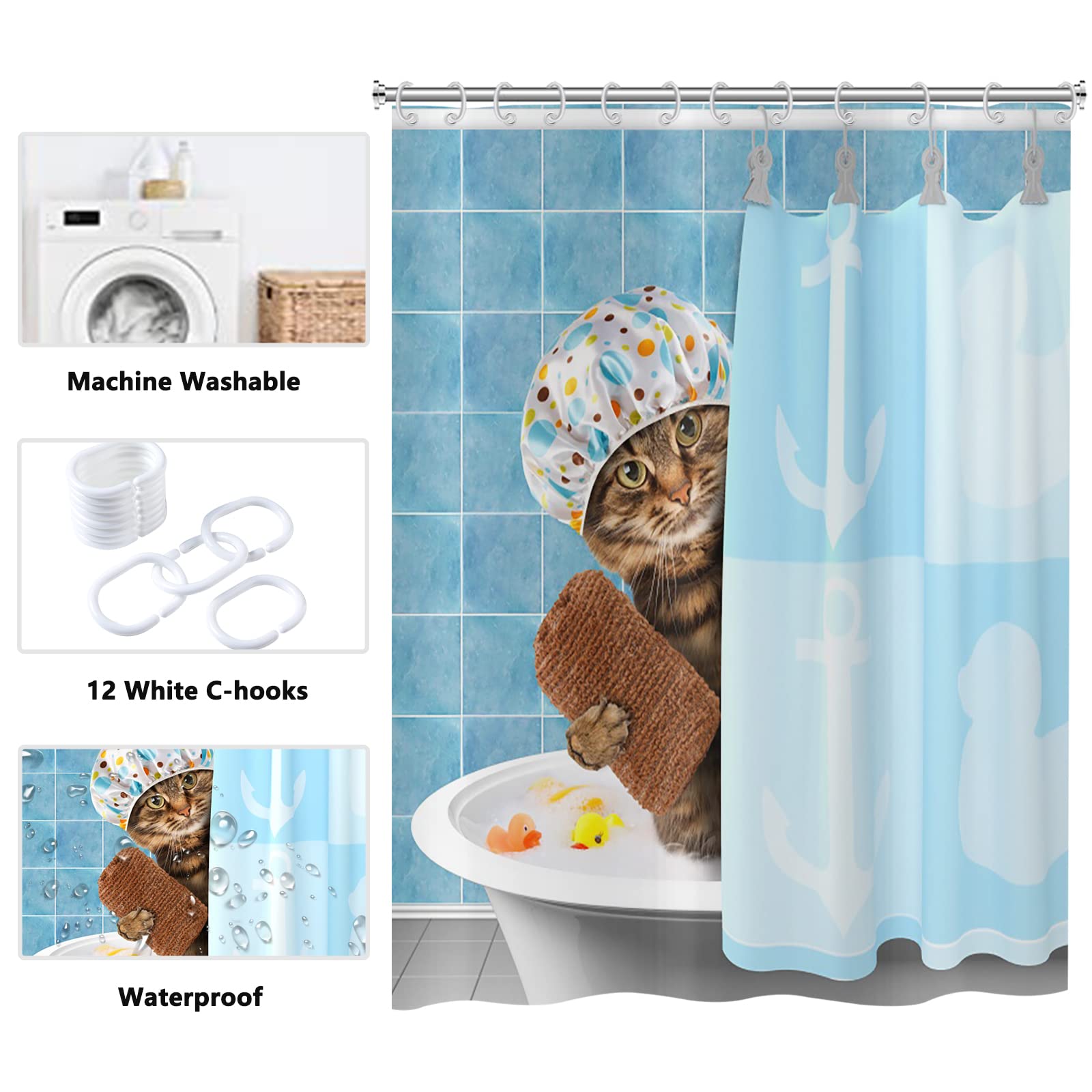 Tenda Da Doccia Con Gatti Divertente - 180x180 Cm Impermeabile, Blu, Con 12 Ganci - Foto 10