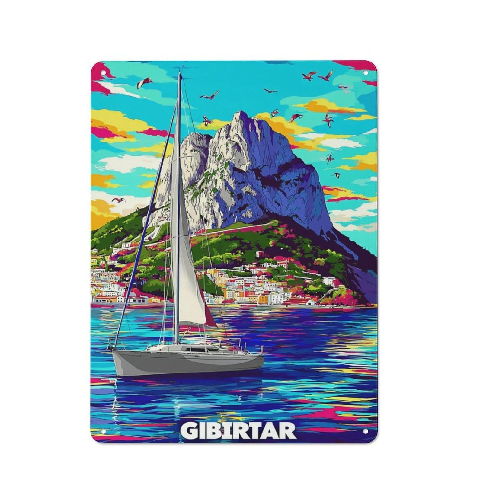 Junmoney Gibraltar Sailboat Sunset Industrial Decorative Metal Plaque 40X30cm Featuring Urban Room Decor For Flat, Bar, Studio Or Gallery Wall