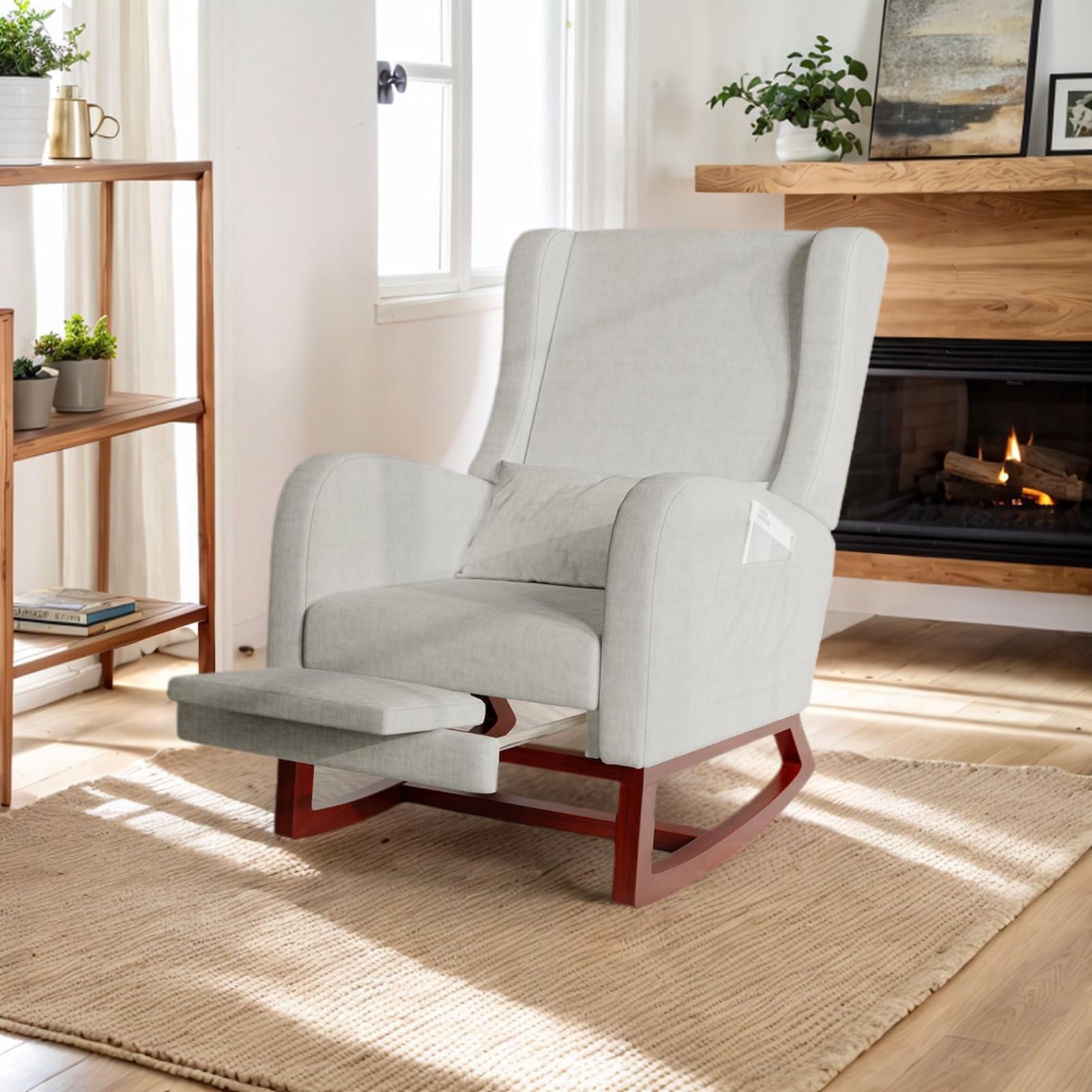 jeerbly mecedora con reposapiés, escandinavo sillón de relajación, silla para lactancia, sillón de salón dormitorio, hasta 110 kg, 67 x 64 x 99 cm, gris