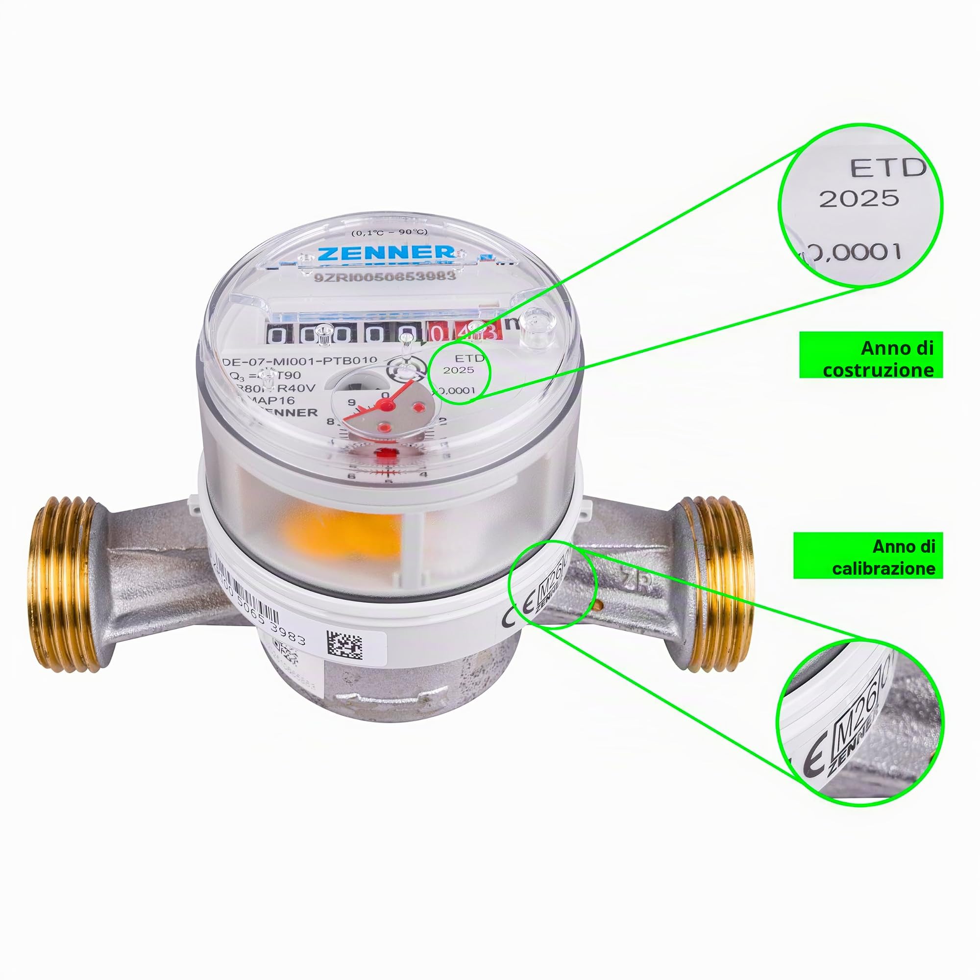 Zenner Contatore acqua fredda + calda 3/4", lunghezza 130 mm, grigio, con viti e guarnizioni, taratura 2026