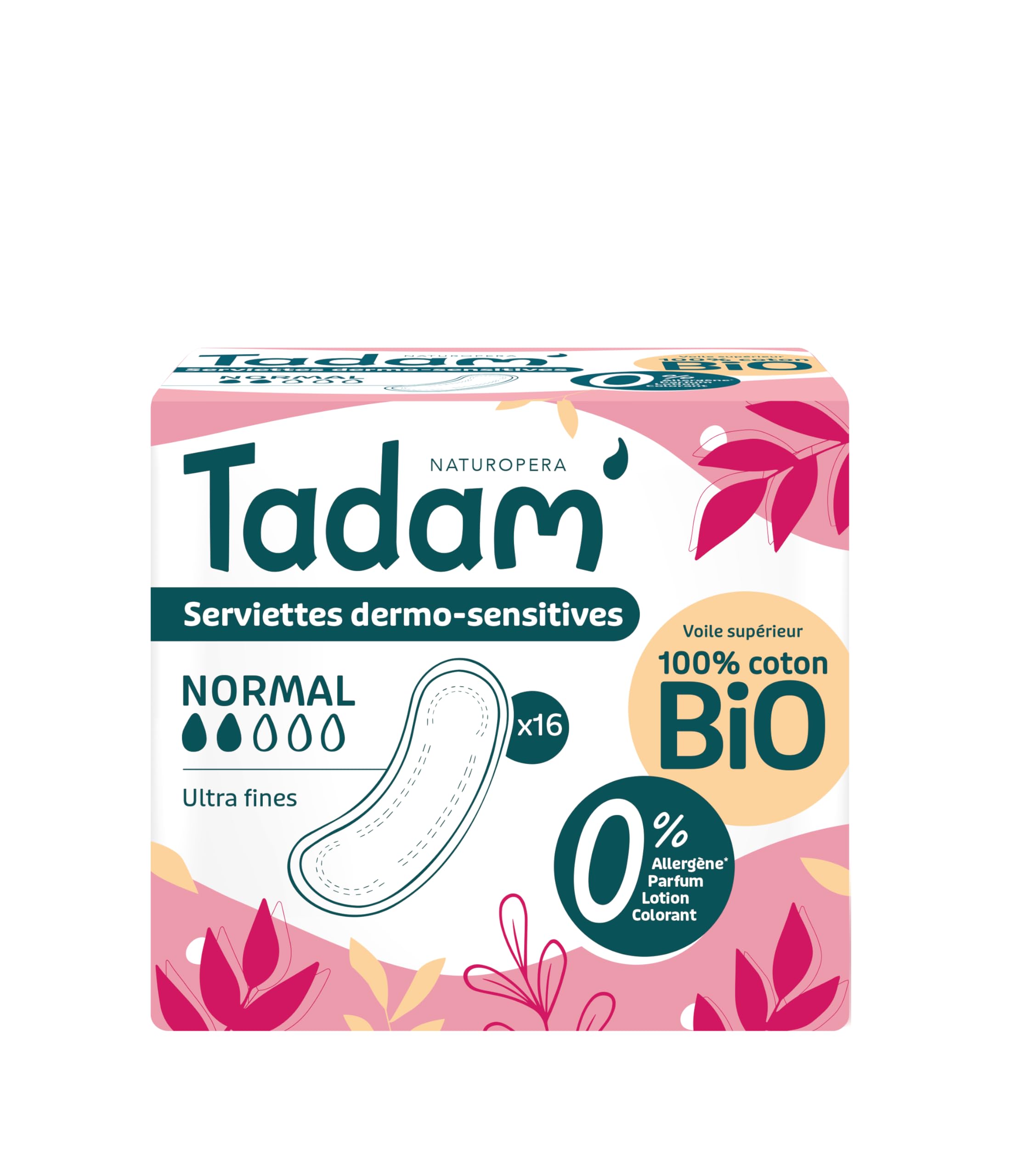 TADAM' - 16 Serviettes Hygiéniques Dermo-​Sensitives - Protections Hygiéniques Femme Ultra Fines - Flux Normal - Extra Absorbantes - A base de Coton Bio - Confort Jour et Nuit