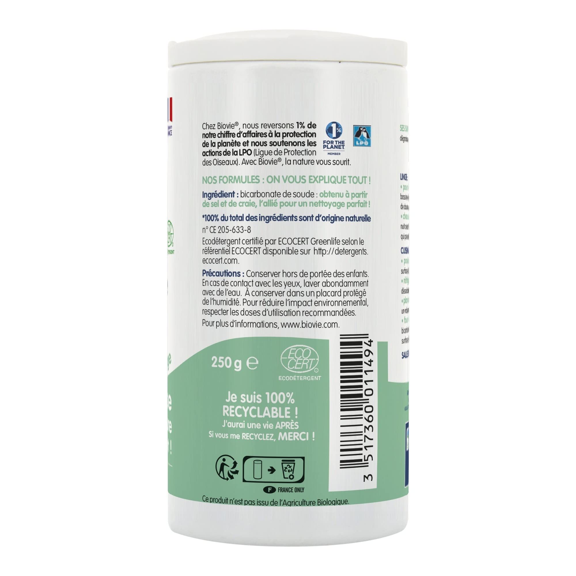 Biovie - Bicarbonate de soude, salière - Droguerie - Ecodétergent - Salière de 250g - Lot de 2