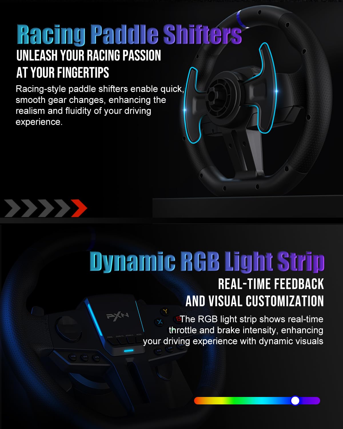 PXN V900 Gen2 Gaming Lenkrad mit Hall-Pedalen – 16-Bit USB PC-Lenkrad 270°/900° Drehung, Vibrationsfeedback, Schaltwippen, App-Steuerung – kompatibel mit PC, Xbox, PS4, PS3, Switch