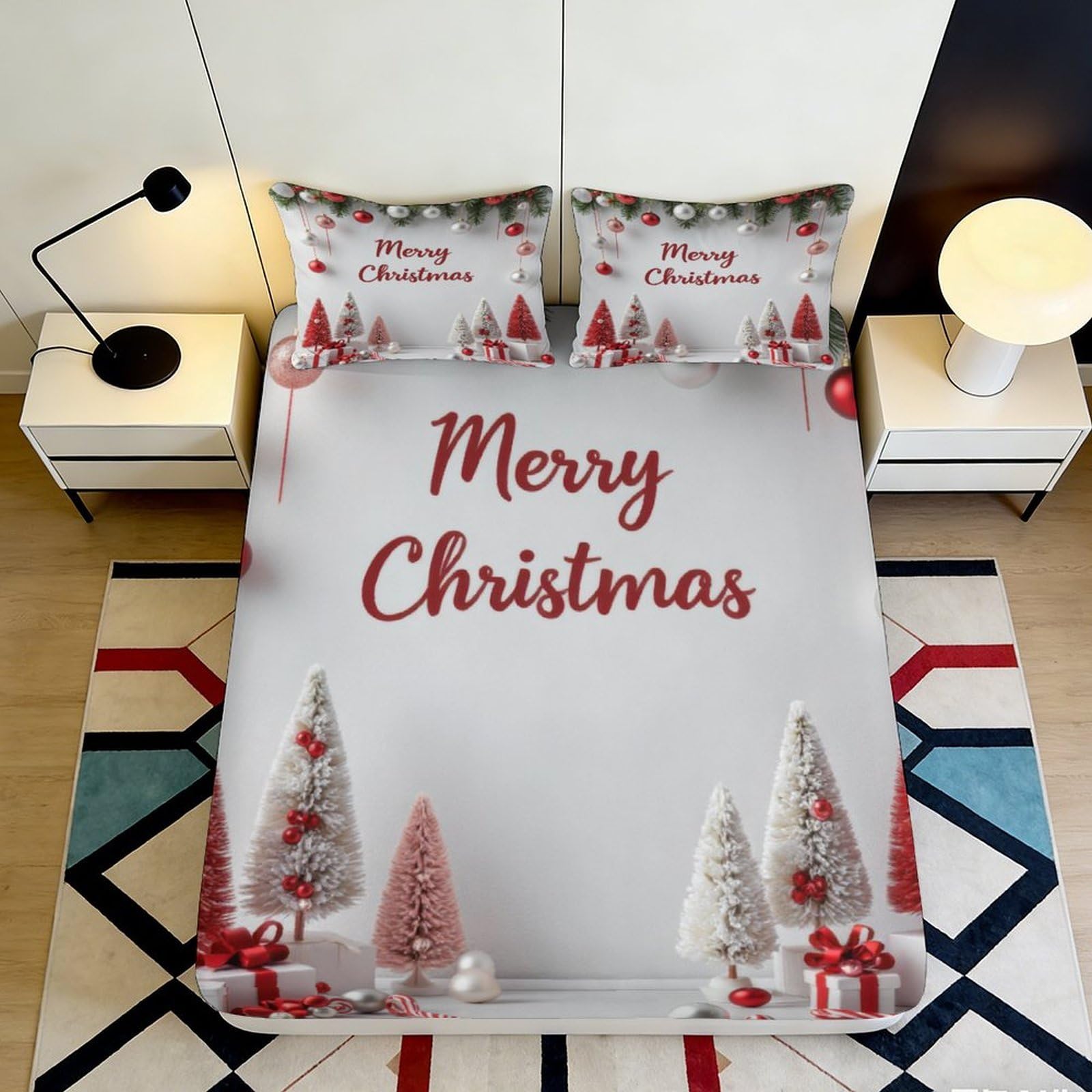 3D Printed Christmas Tree Fitted Sheet Microfiber Soft Breathable Snow Scene Bed Cover for Bedroom Guest Room Decor 90x200x25cm