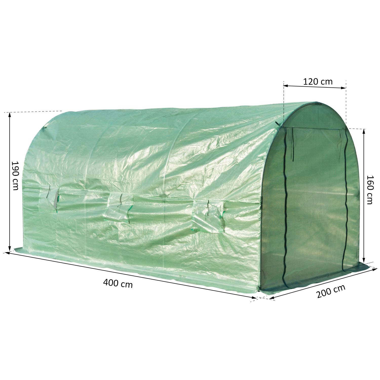 Outsunny Invernadero de Jardín Huerto Tipo Túnel 6 Ventanas Cultivos Plantas y Verduras Cubierta PE 140g/㎡ Impermeable 4x2x1.9m Acero