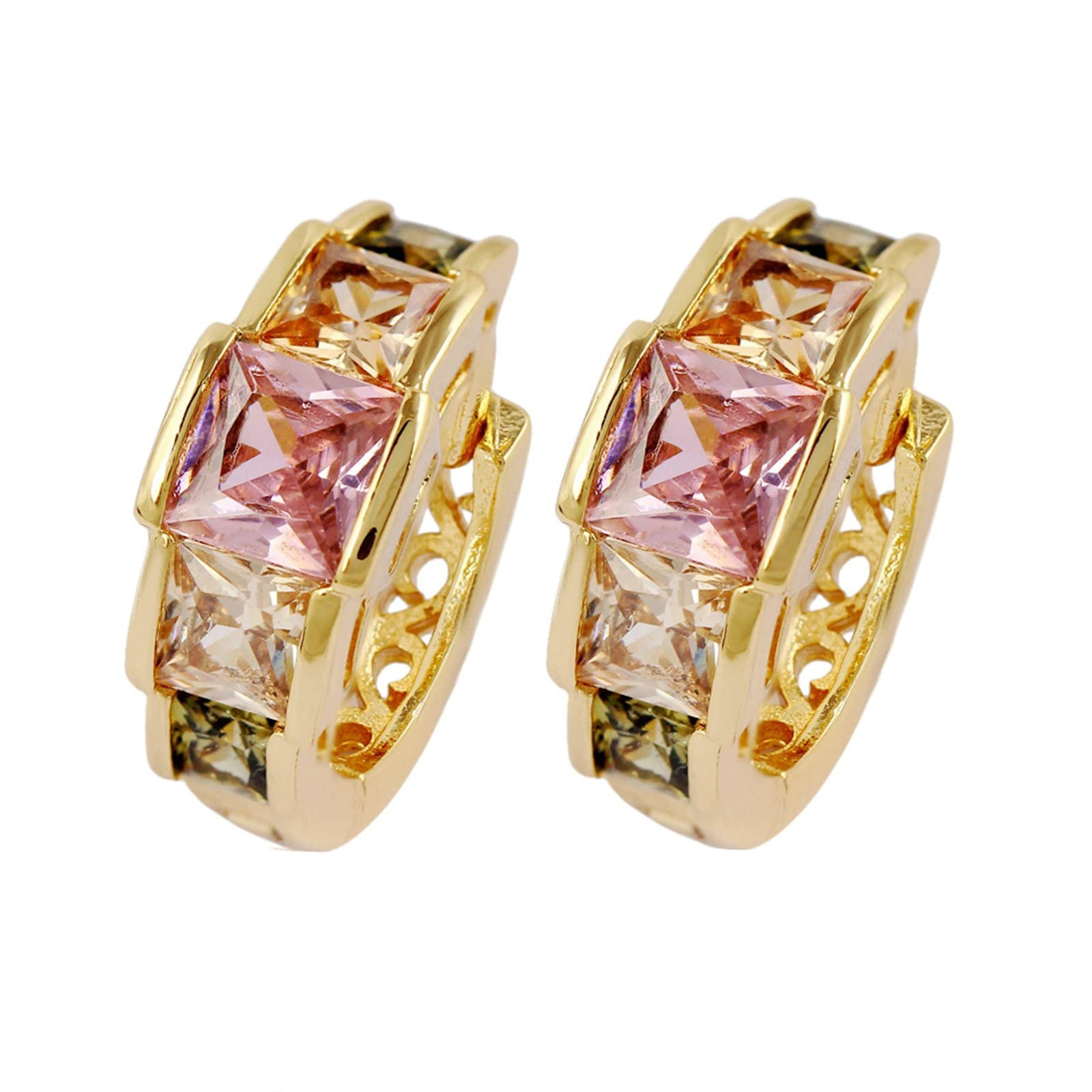 Pendientes de aro 750 de oro auténtico, pendientes para mujer, diseño hueco con cuadrado de cristal rosa, citrino, peridoto, boda, pendientes para novia, oro amarillo