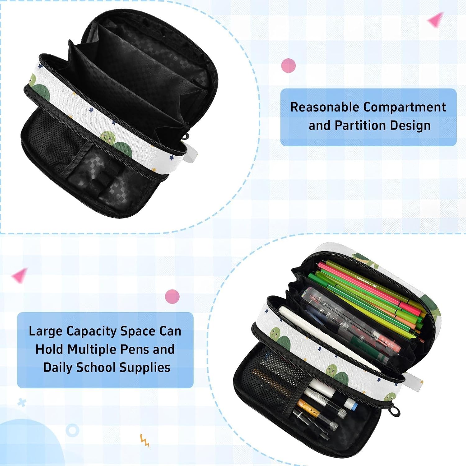ALAZA Turtle Star Pattern Large Capacity Pencil Case, Aesthetic Stationery Organizer Bag with Clear PVC Window, High Capacity Pen Pouch with Dividers for School Office Travel image 5