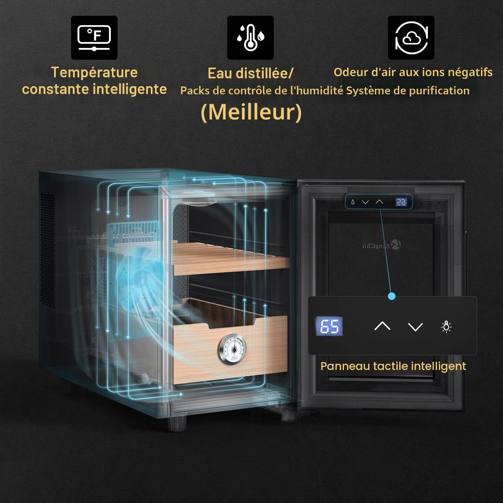KingChii Cave à cigares électrique de 16 L, système de contrôle de température, armoire chauffante et rafraîchissante avec étagères en cèdre espagnol et hygromètre
