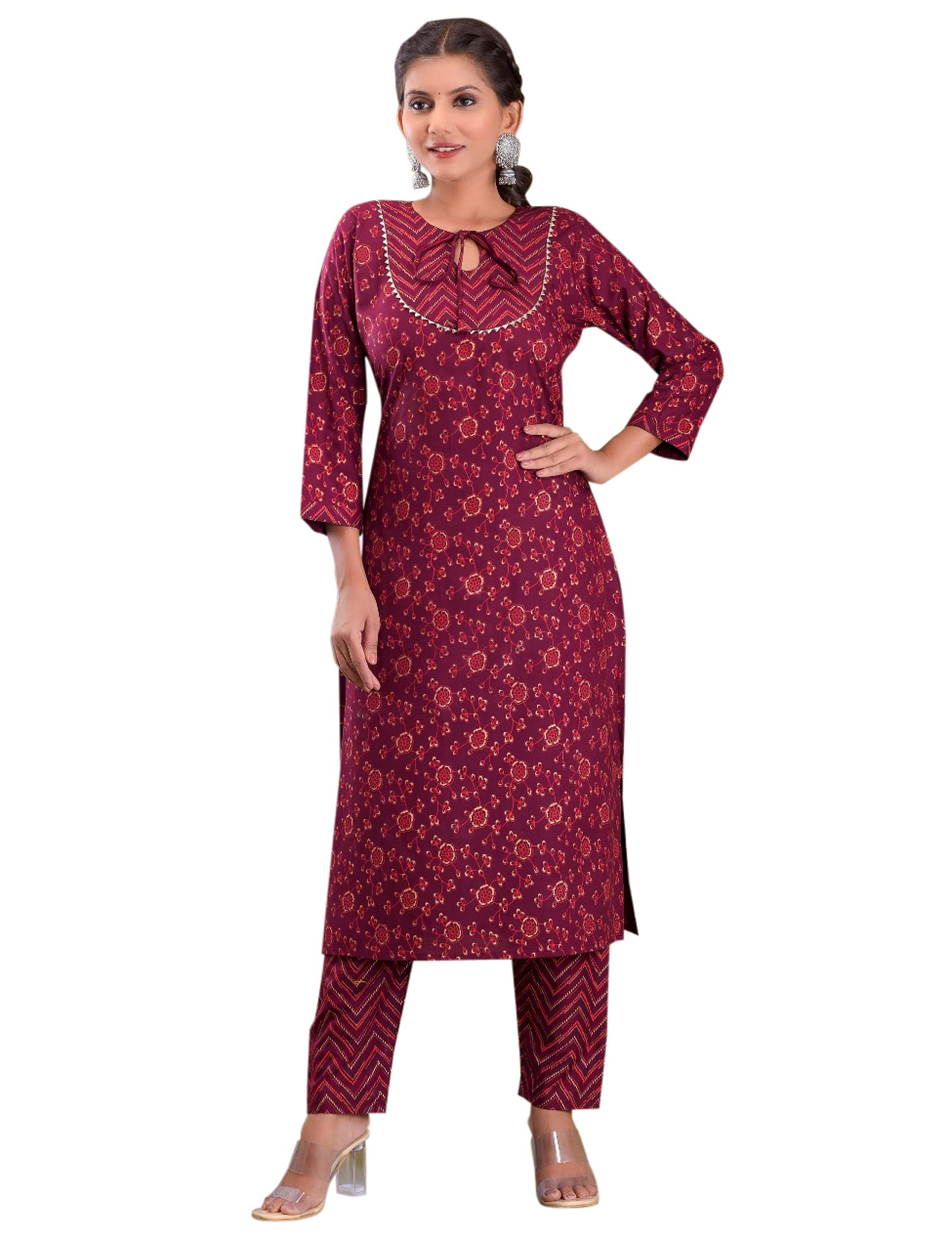 KULIA® Indyjskie kobiety Kurti ze spodniami Sukienka etniczna Tradycyjne stroje imprezowe Projektant Kurtis Zestaw ślubny Kolekcja indyjska Ubrania z nadrukiem Bawełna Kurti Dla dziewczynek