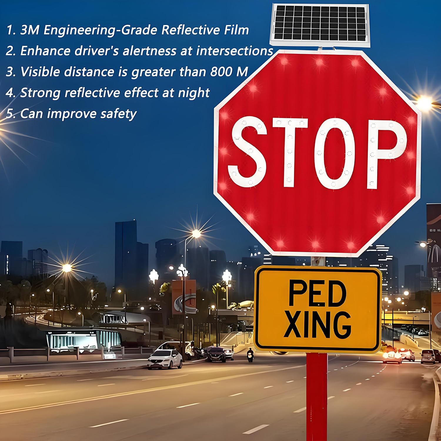 Señal de Stop Solar, señal de Stop LED Intermitente con energía Solar, señales de tráfico octagonales de Aluminio, LED Intermitentes para Calle, Resistente al Agua IP65 60 * 60cm